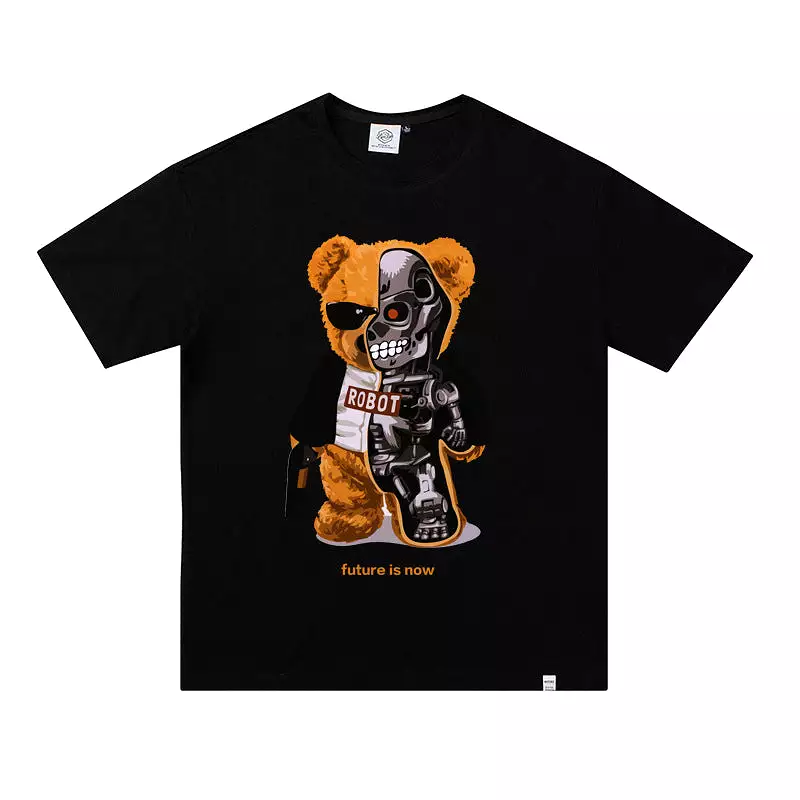 100% Cotton men's T-shirt Teddy Bear Robot skull  Short Sleeve oversize