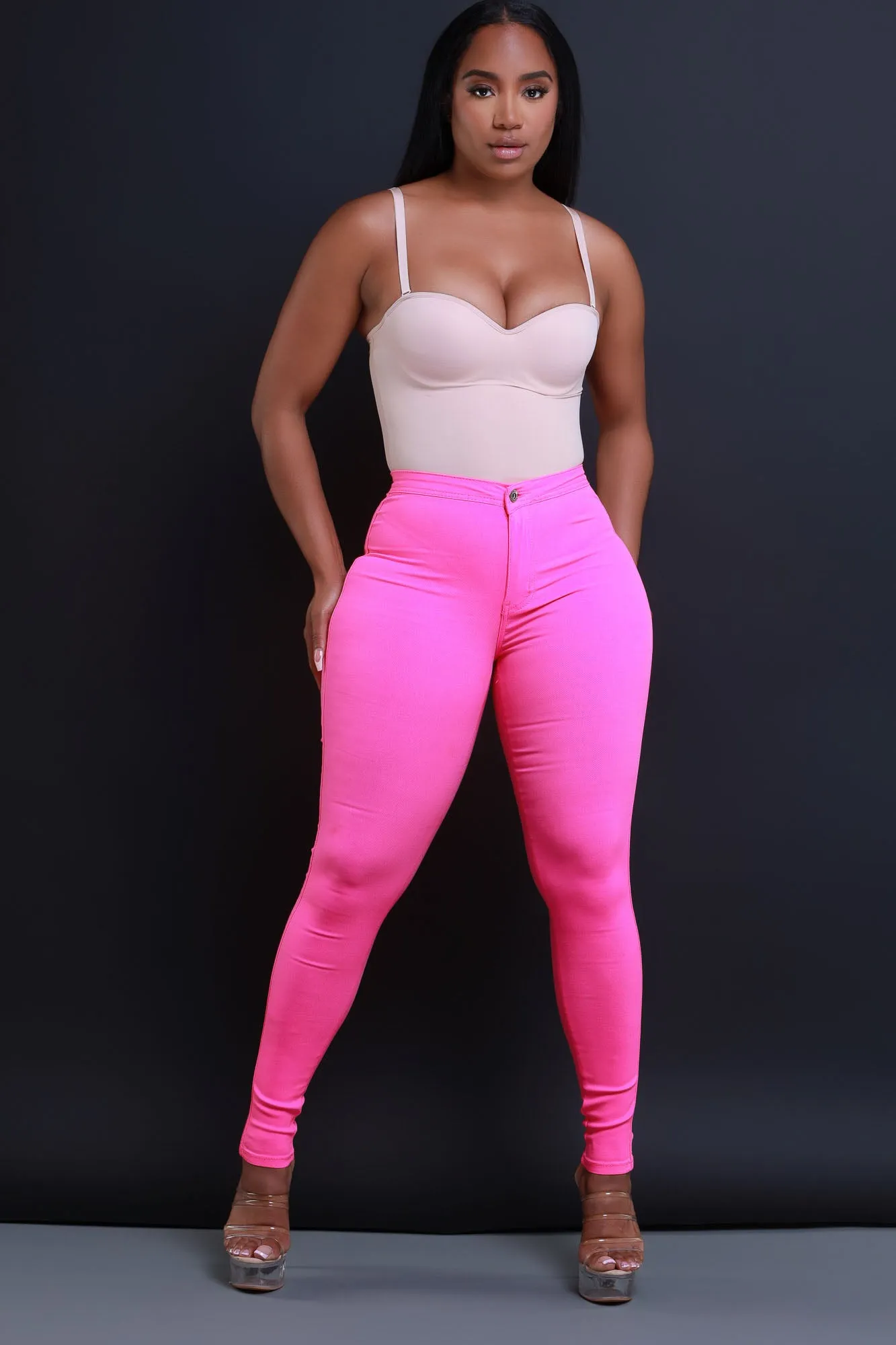 $15.99 Super Swank High Waist Stretchy Jeans - Neon Pink