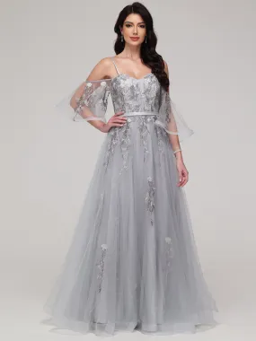 Accueil froid Trapèze Tulle Dentelle Robe de Soirée ARGENT