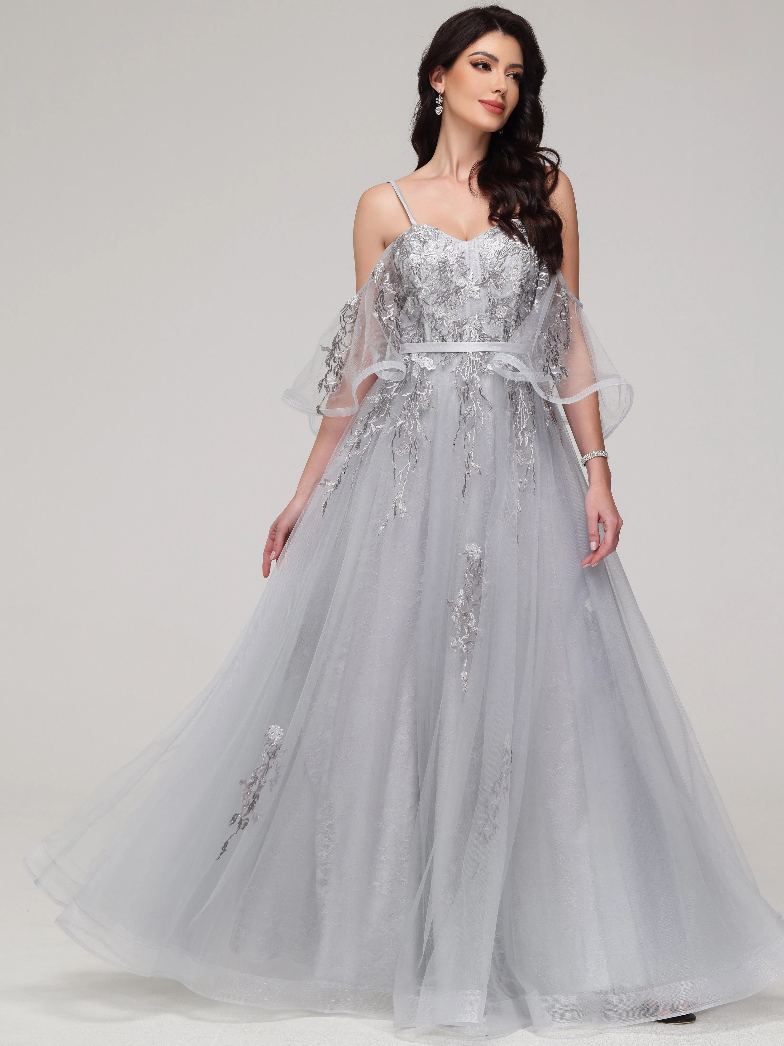 Accueil froid Trapèze Tulle Dentelle Robe de Soirée ARGENT