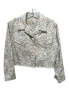 Alice + Olivia Jeans Size M White Pink Green Cotton Floral Raw Hem Crop Jacket