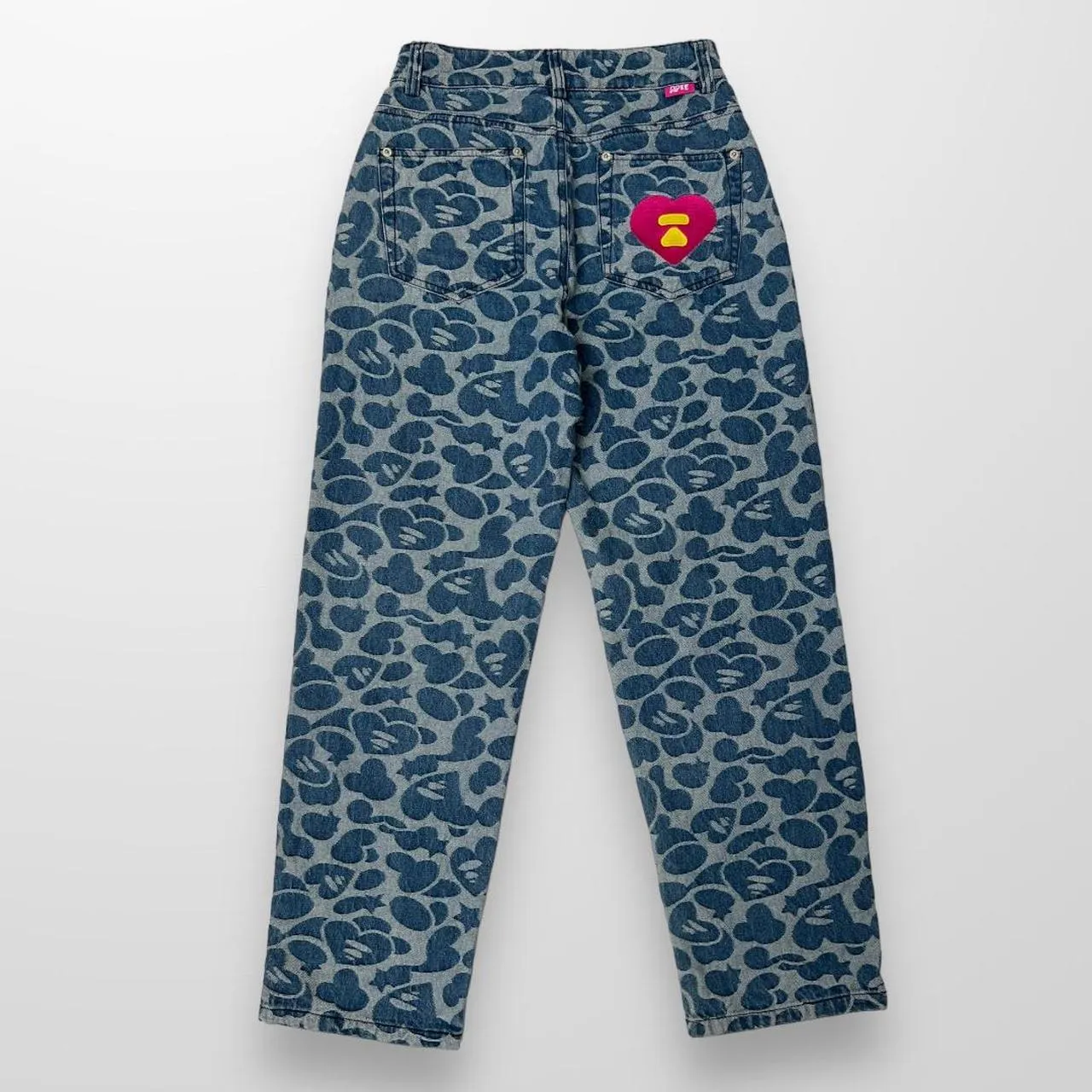 Apee by Bathing Ape Pattern Destroyed Jeans In Navy & Blue W/ Pink Det