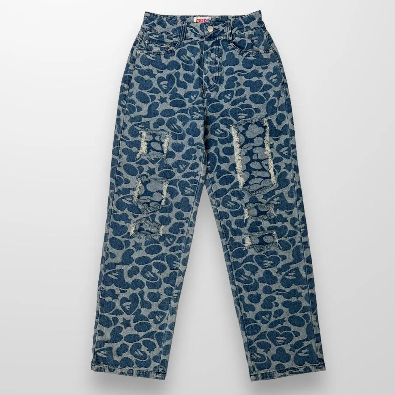 Apee by Bathing Ape Pattern Destroyed Jeans In Navy & Blue W/ Pink Det