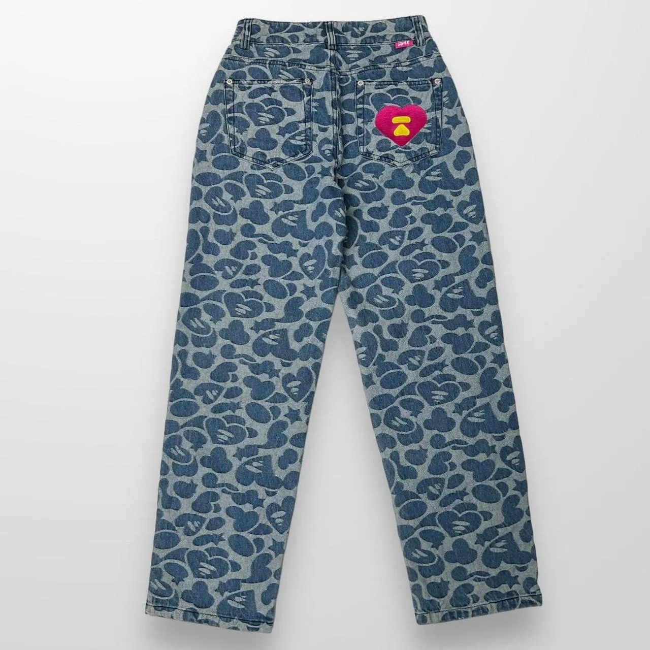 Apee by Bathing Ape Pattern Destroyed Jeans In Navy & Blue W/ Pink Det