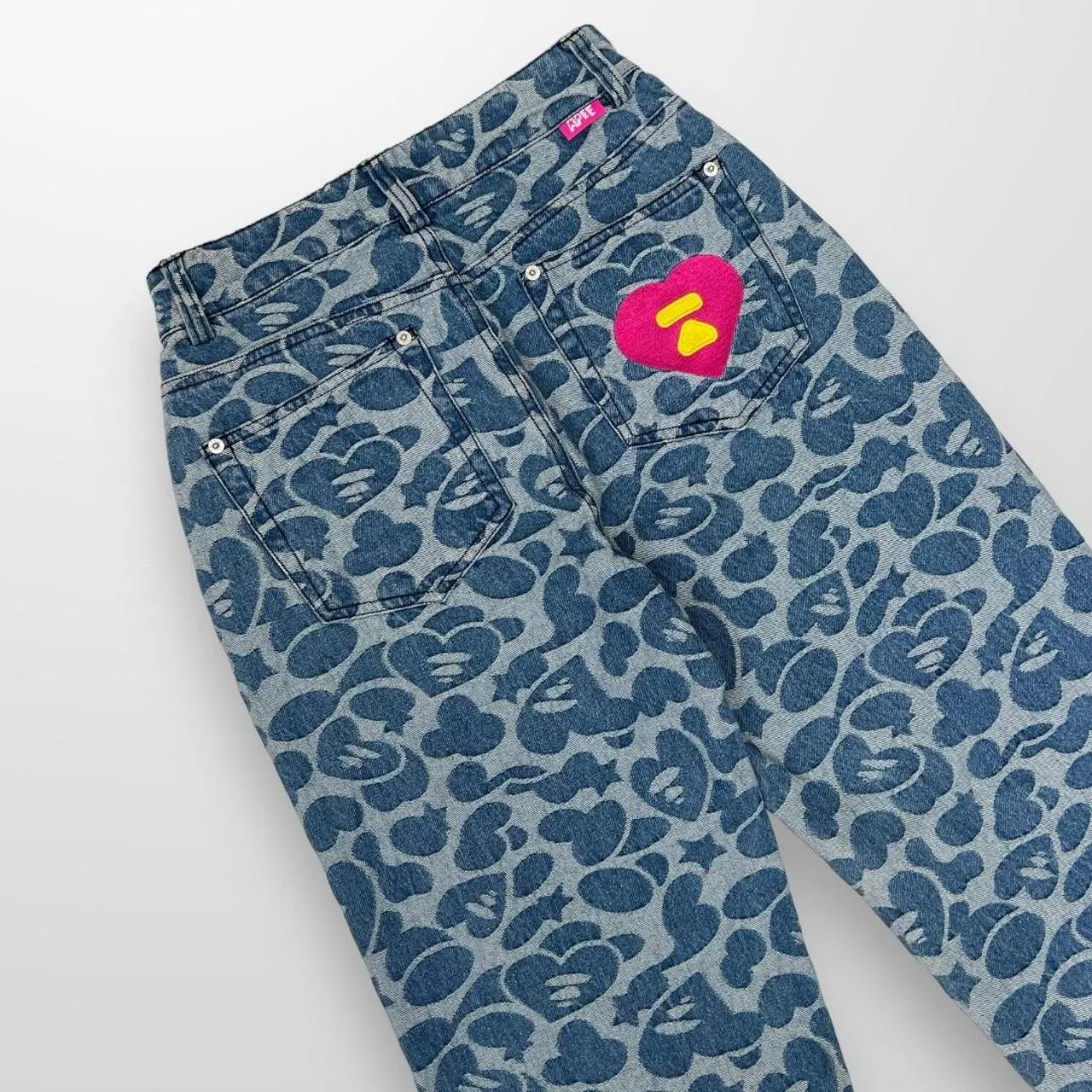 Apee by Bathing Ape Pattern Destroyed Jeans In Navy & Blue W/ Pink Det