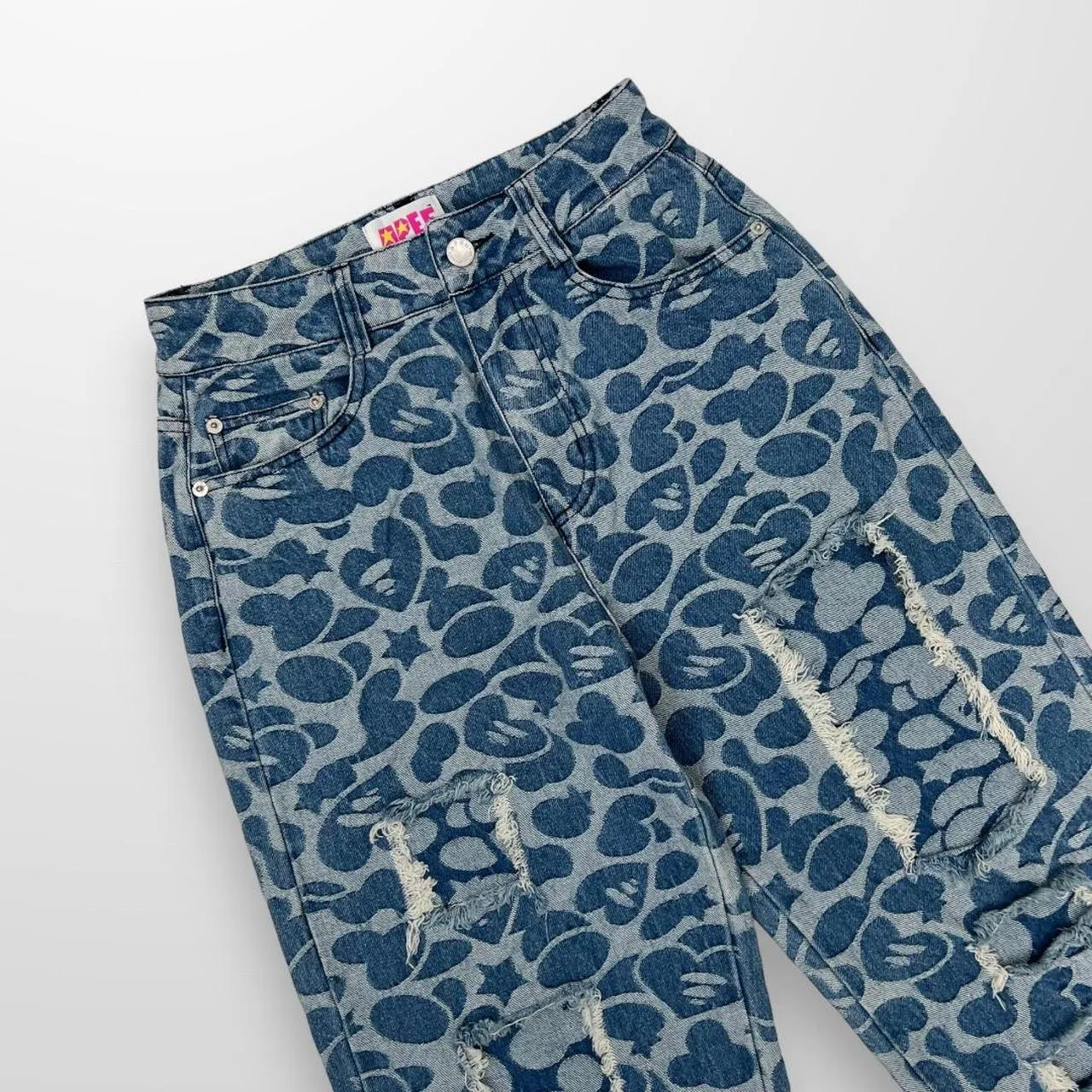 Apee by Bathing Ape Pattern Destroyed Jeans In Navy & Blue W/ Pink Det