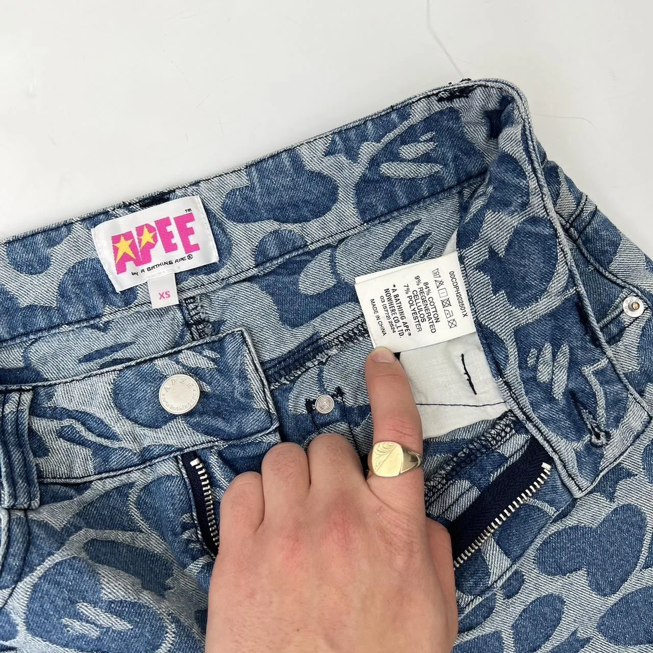 Apee by Bathing Ape Pattern Destroyed Jeans In Navy & Blue W/ Pink Det