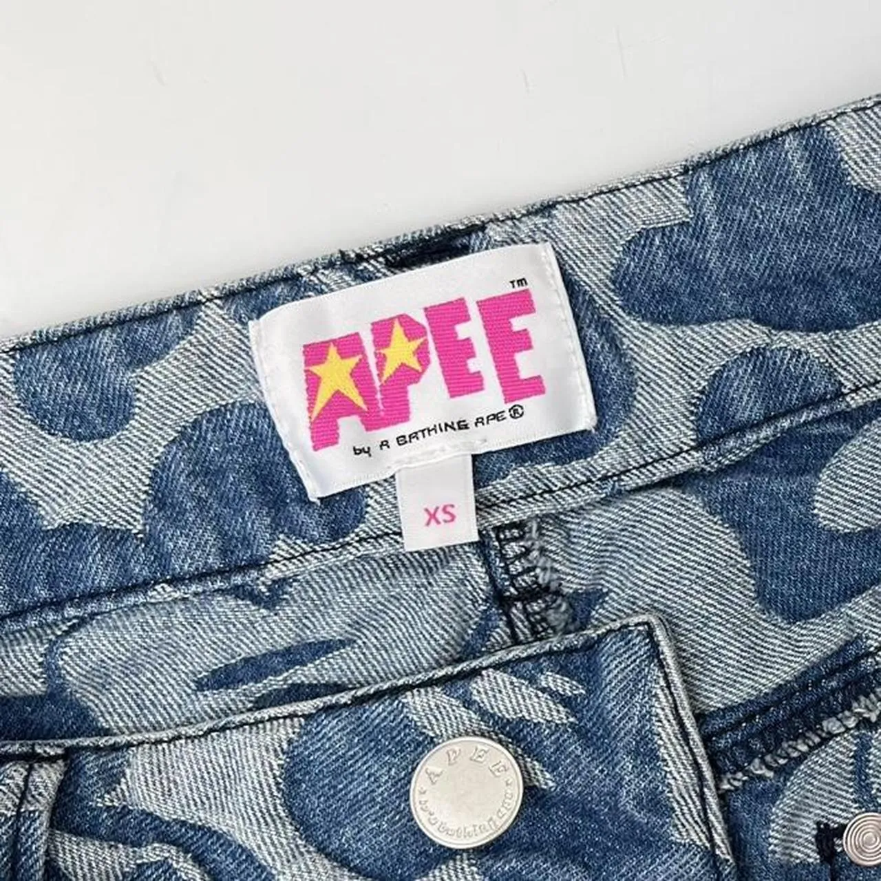 Apee by Bathing Ape Pattern Destroyed Jeans In Navy & Blue W/ Pink Det