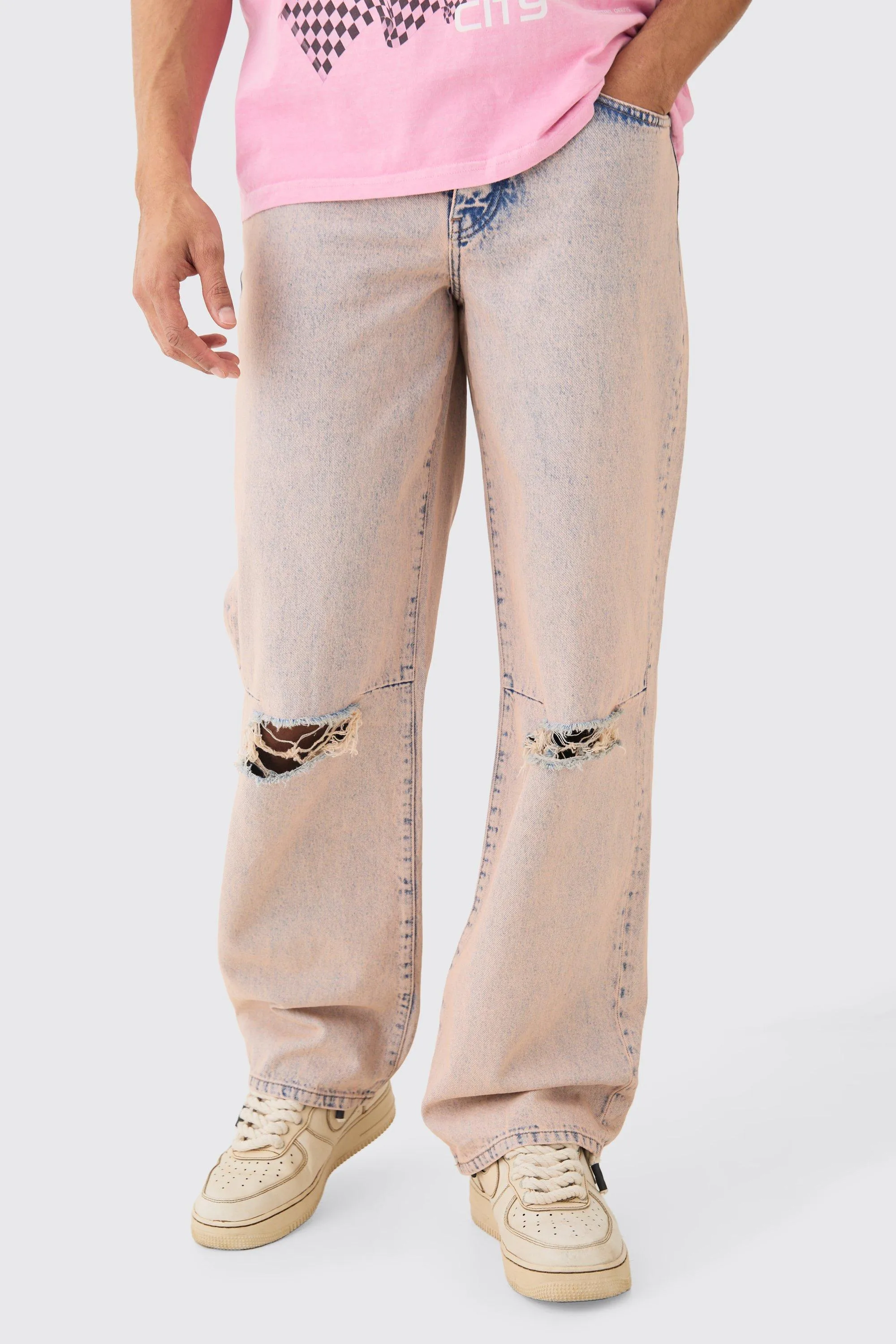 Baggy Rigid Pink Tint Slit Knee Jeans | boohooMAN UK