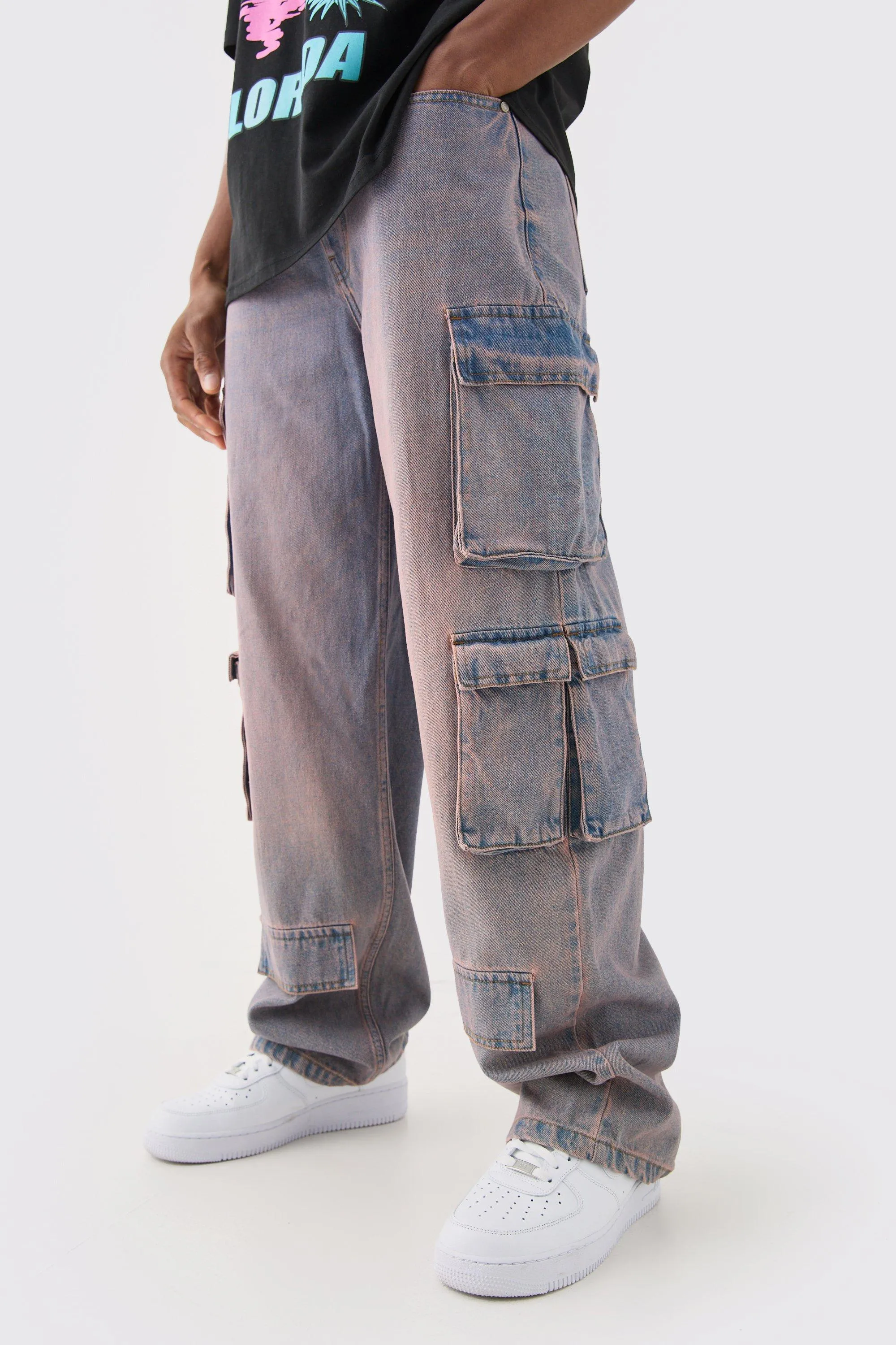 Baggy Rigid Pink Tinted Multi Cargo Pocket Jeans | boohooMAN UK