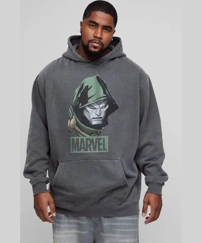 boohoo Mens Plus Oversized Wash Marvel Dr Doom License Print Hoodie