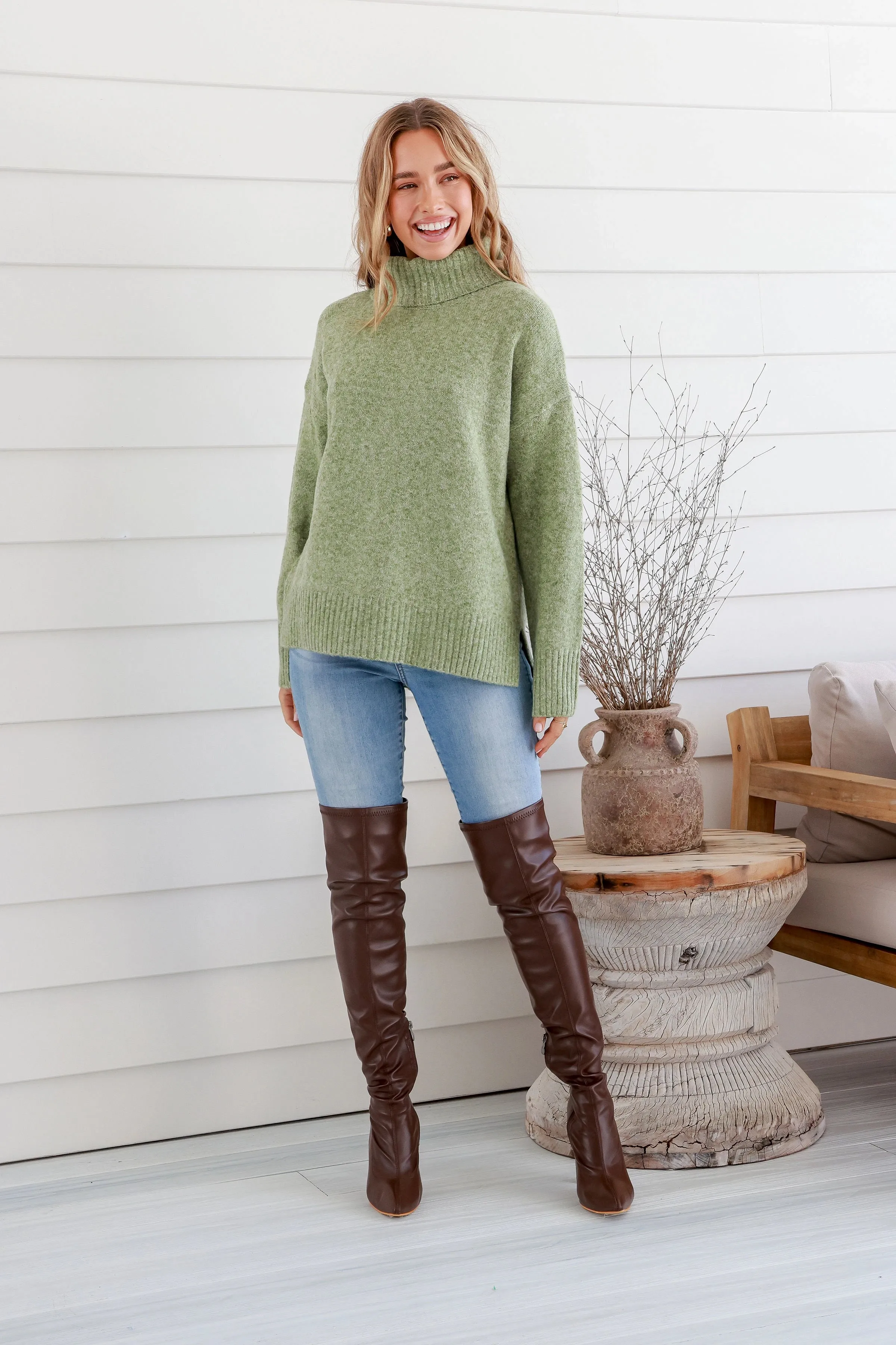 Canyon Roll Neck Knit Jumper Marled Avocado