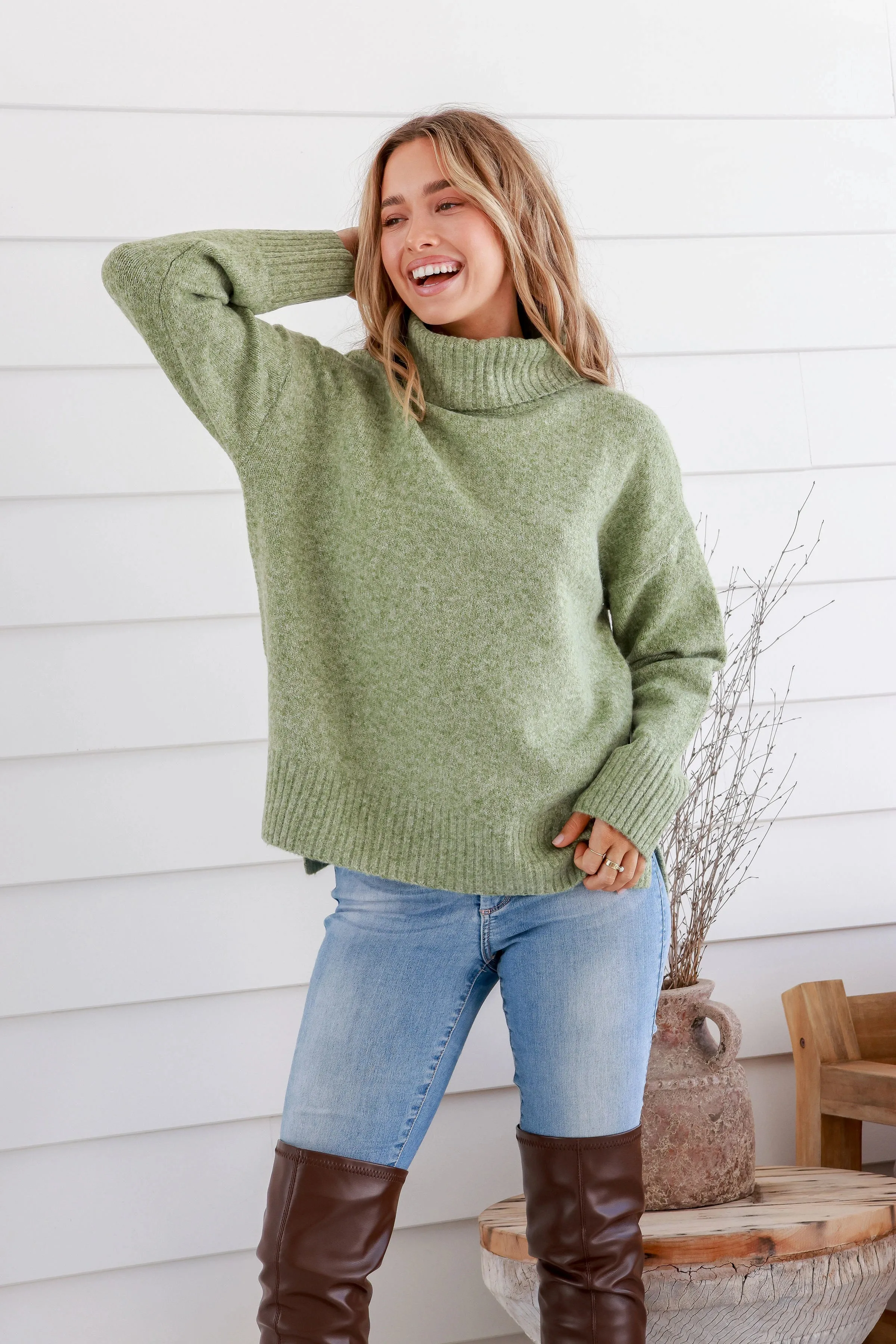 Canyon Roll Neck Knit Jumper Marled Avocado