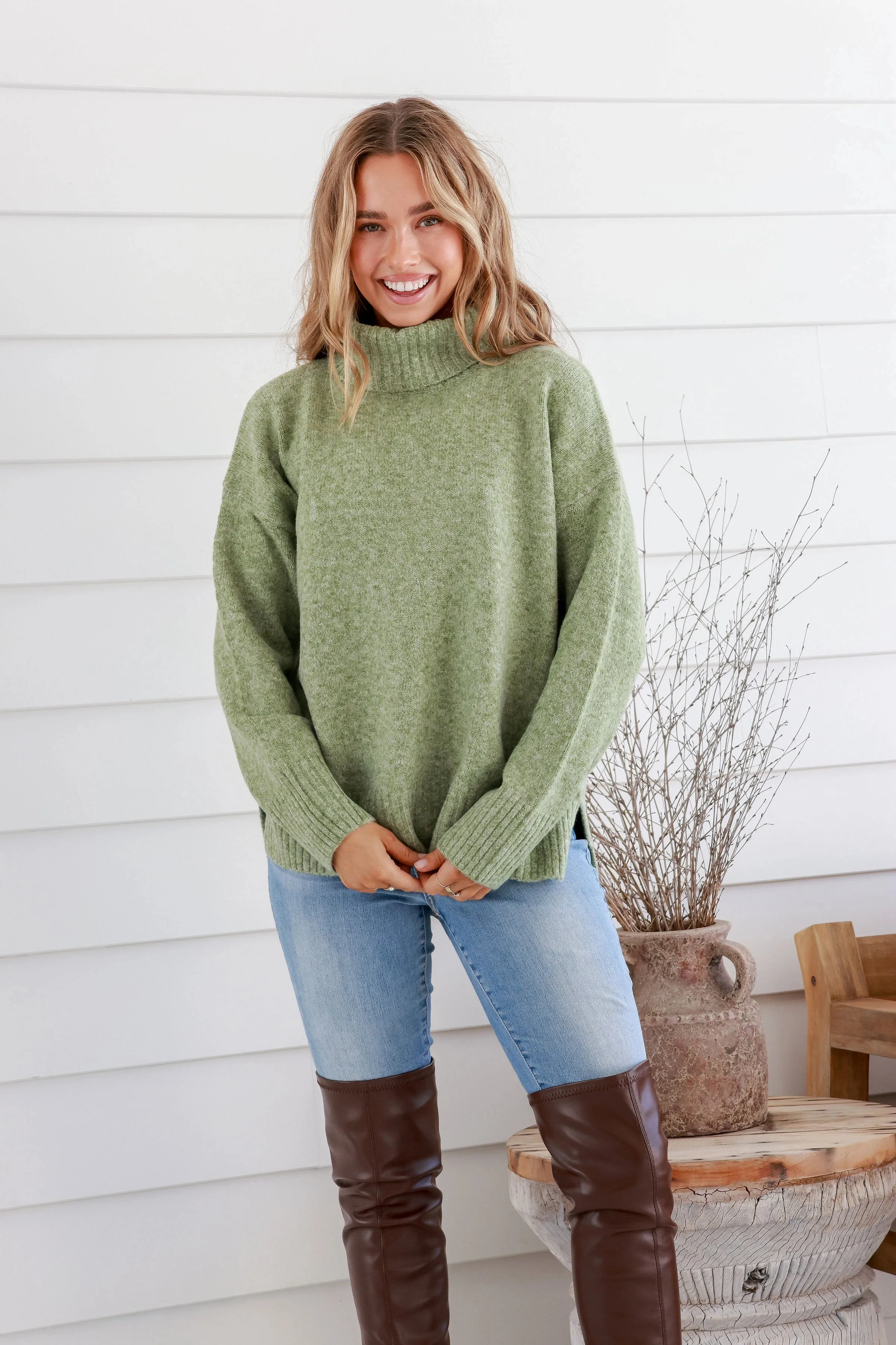 Canyon Roll Neck Knit Jumper Marled Avocado