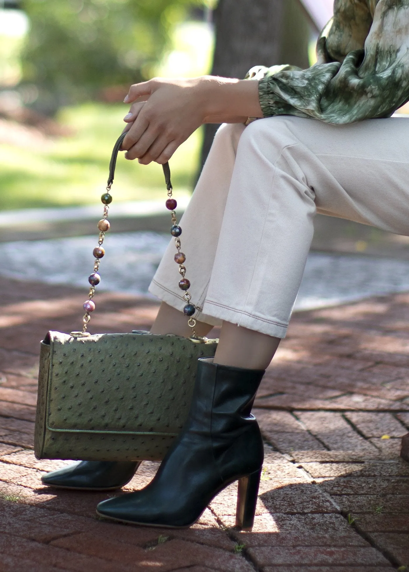 Chain & Jewel Shoulder Bag - Olive, Jasper Handle