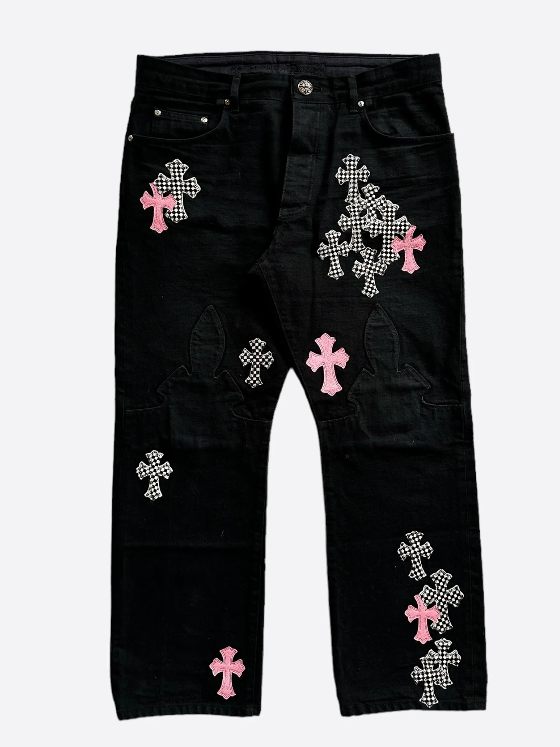 Chrome Hearts Black Pink & Checkered Cross Patch Fleur Jeans