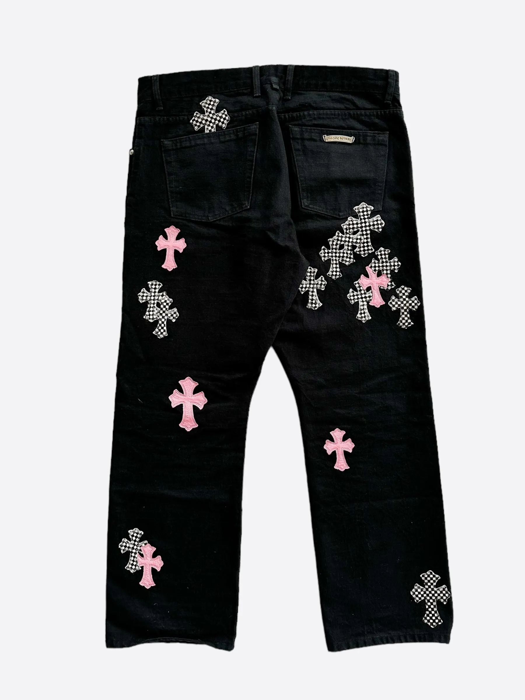 Chrome Hearts Black Pink & Checkered Cross Patch Fleur Jeans