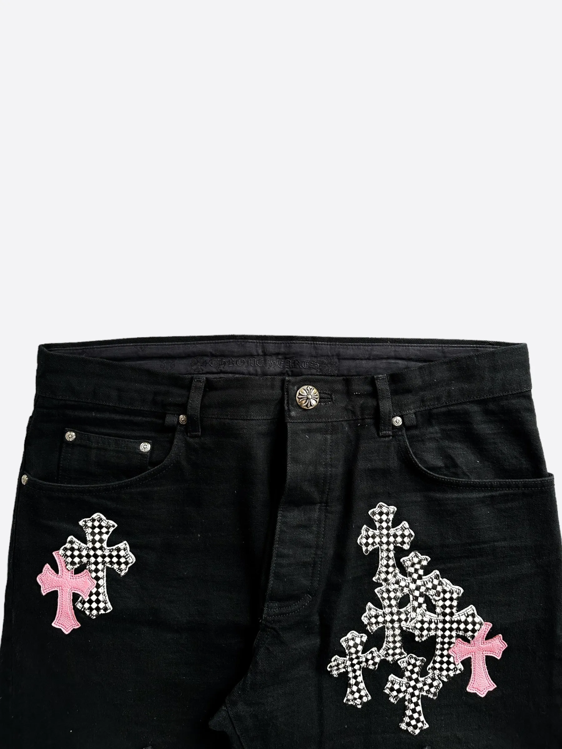 Chrome Hearts Black Pink & Checkered Cross Patch Fleur Jeans