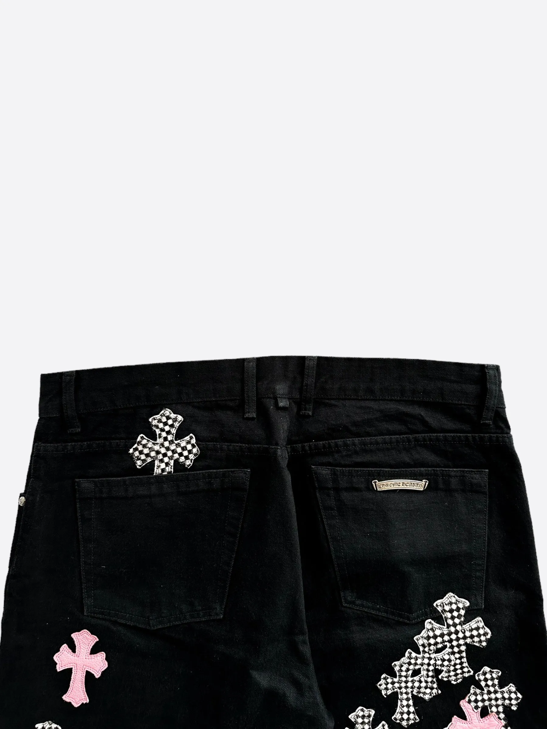 Chrome Hearts Black Pink & Checkered Cross Patch Fleur Jeans