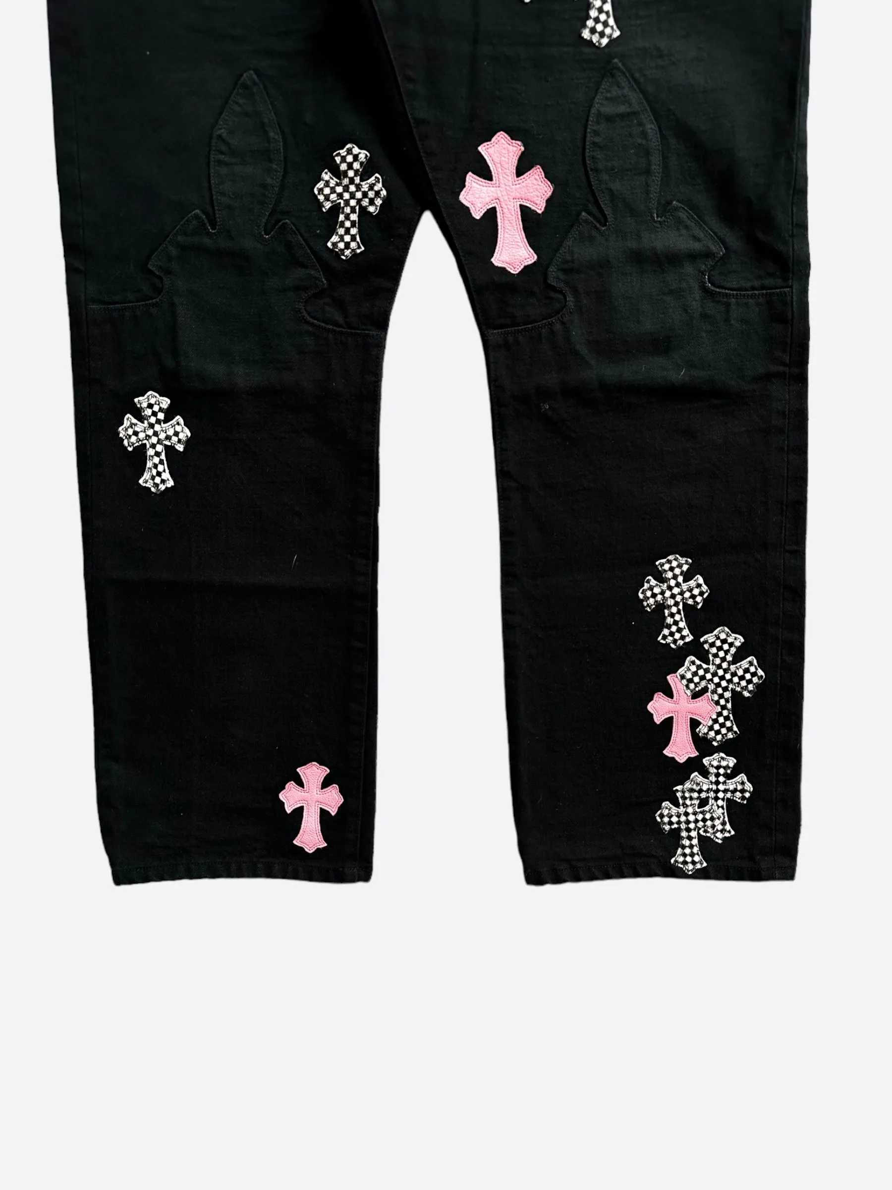 Chrome Hearts Black Pink & Checkered Cross Patch Fleur Jeans