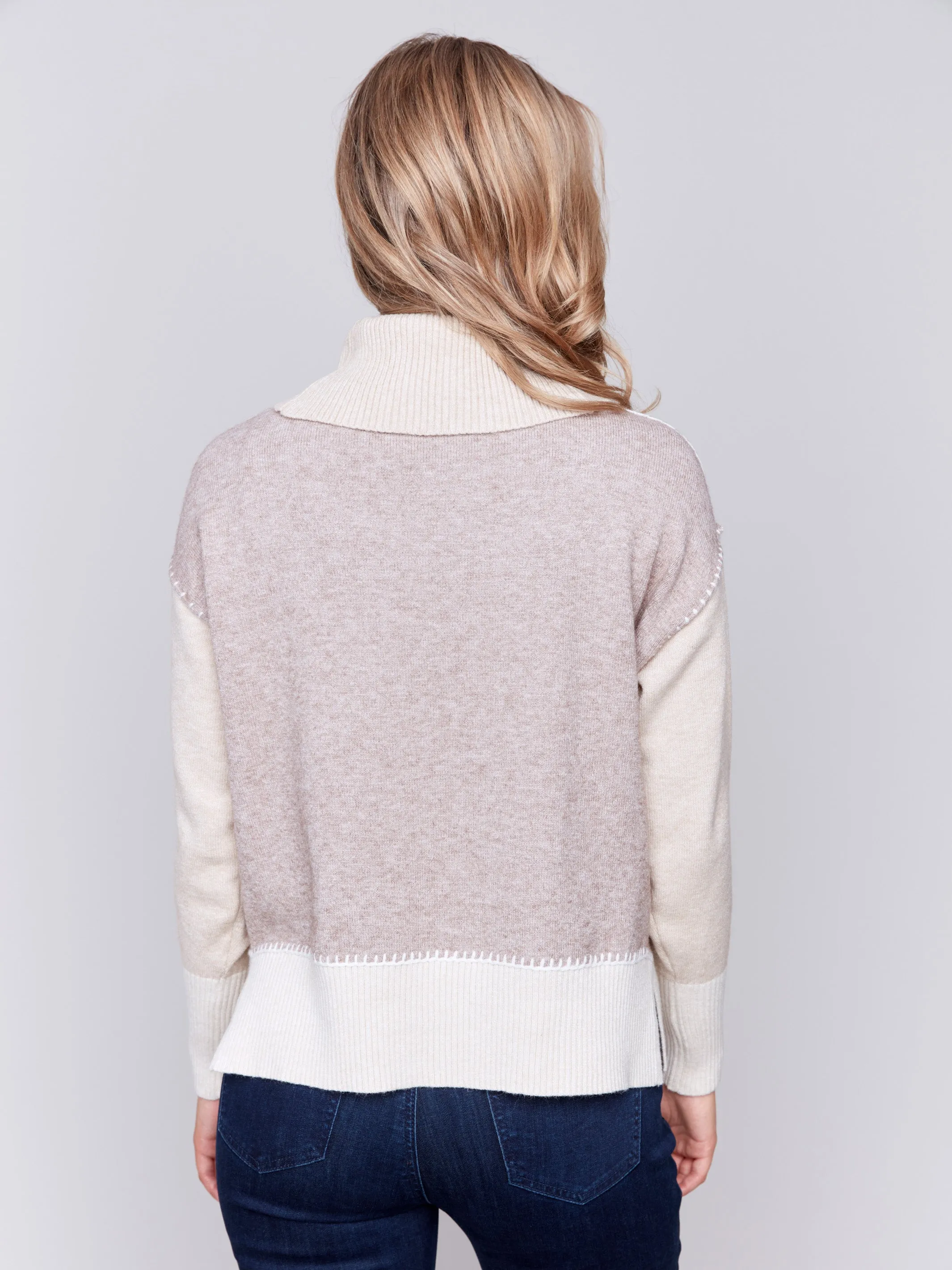 Color Block Turtleneck Sweater - Beige