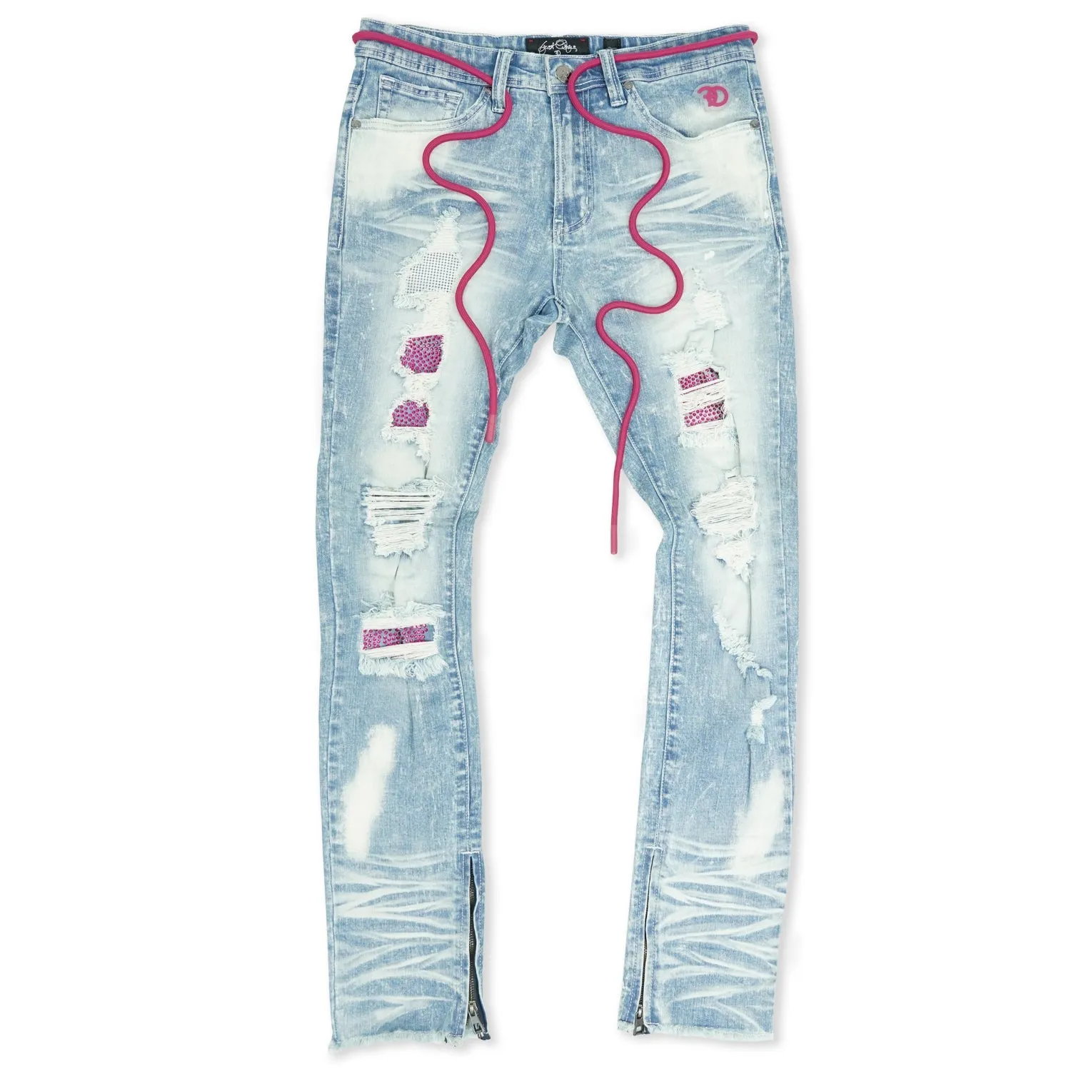 F1756 Denim Jeans w/ Rhinestones & Bottom Leg Zipper - Light Wash/Pink