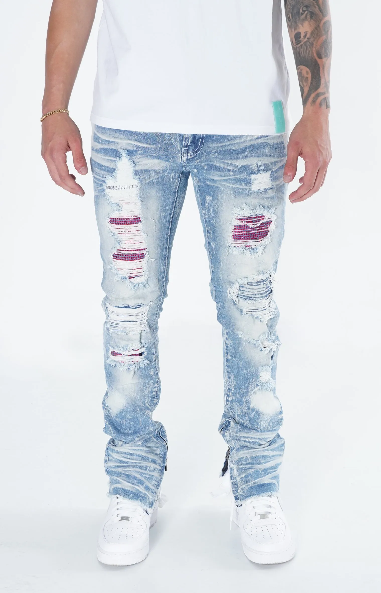 F1756 Denim Jeans w/ Rhinestones & Bottom Leg Zipper - Light Wash/Pink