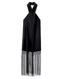 Fringe Skirt Halter Linen Dress In Black