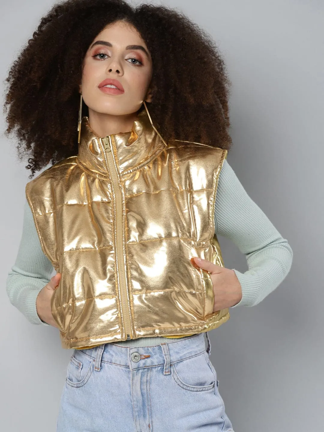 Gold Mettalic Sleeveless Puffer Crop Jacket