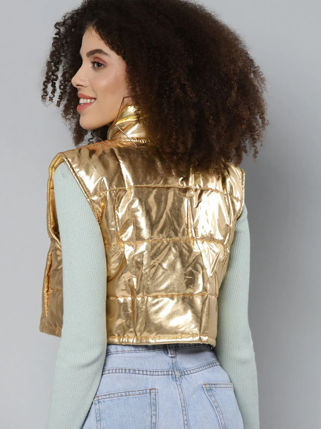 Gold Mettalic Sleeveless Puffer Crop Jacket