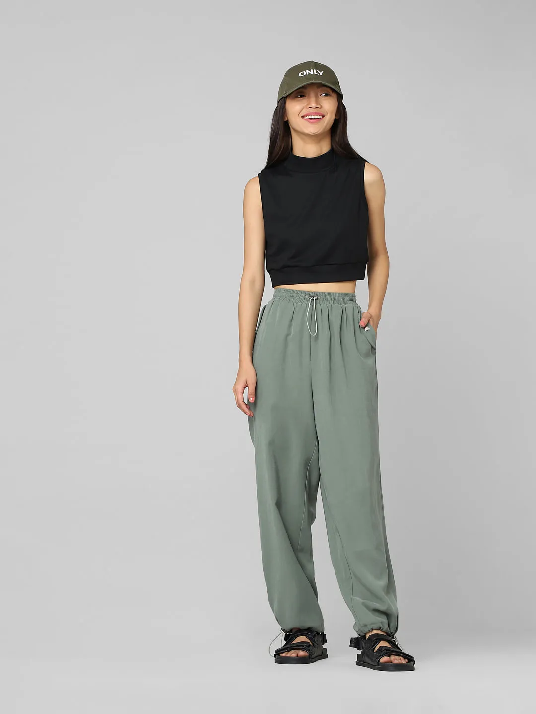 Green Mid Rise Relaxed Fit Twill Joggers