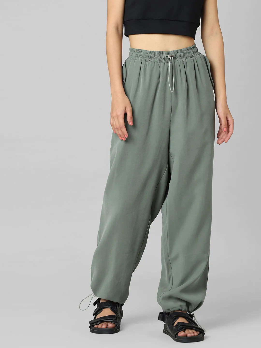 Green Mid Rise Relaxed Fit Twill Joggers