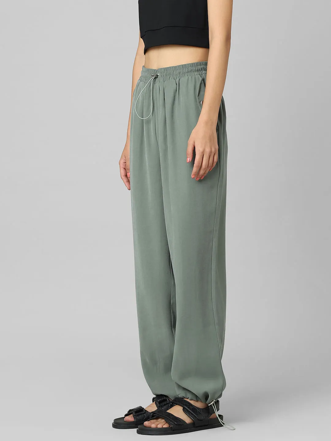 Green Mid Rise Relaxed Fit Twill Joggers