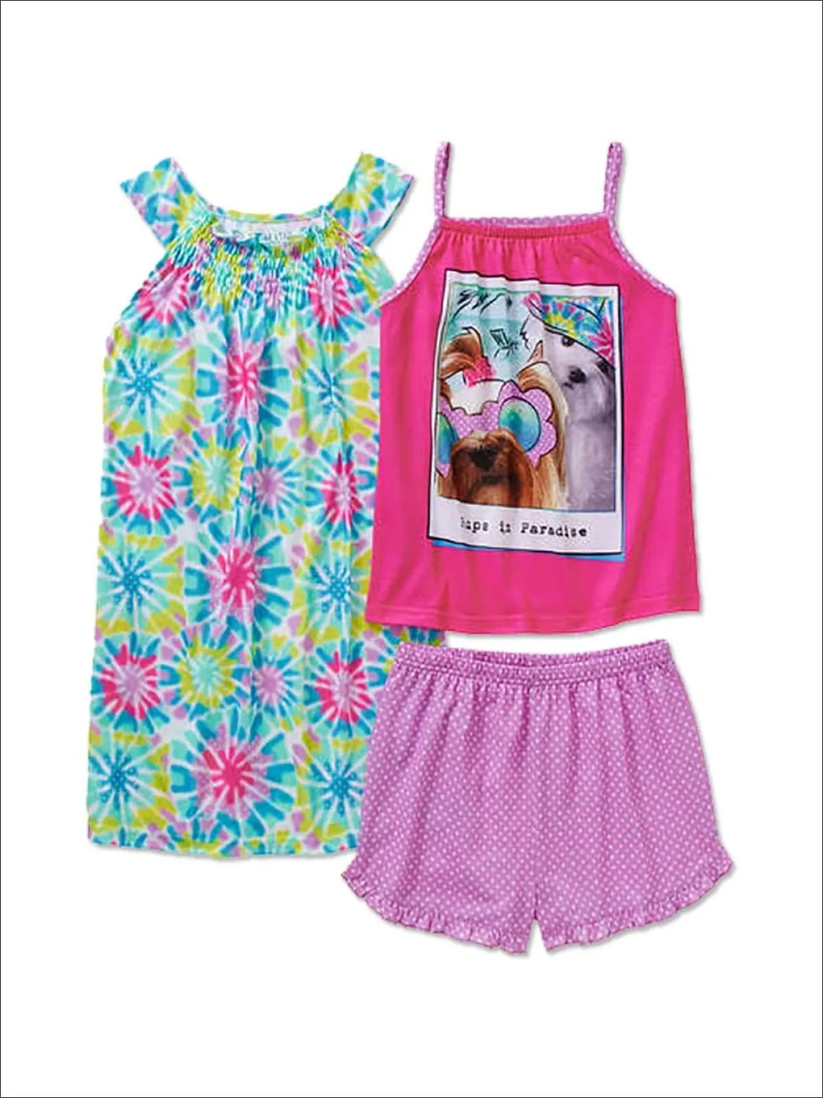 Komar Kids Girls Pups In Paradise  3 Piece Pajama Set