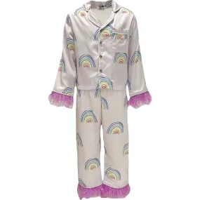 Lola + The Boys Rainbow Feather Trims Silk Pajama Set, White