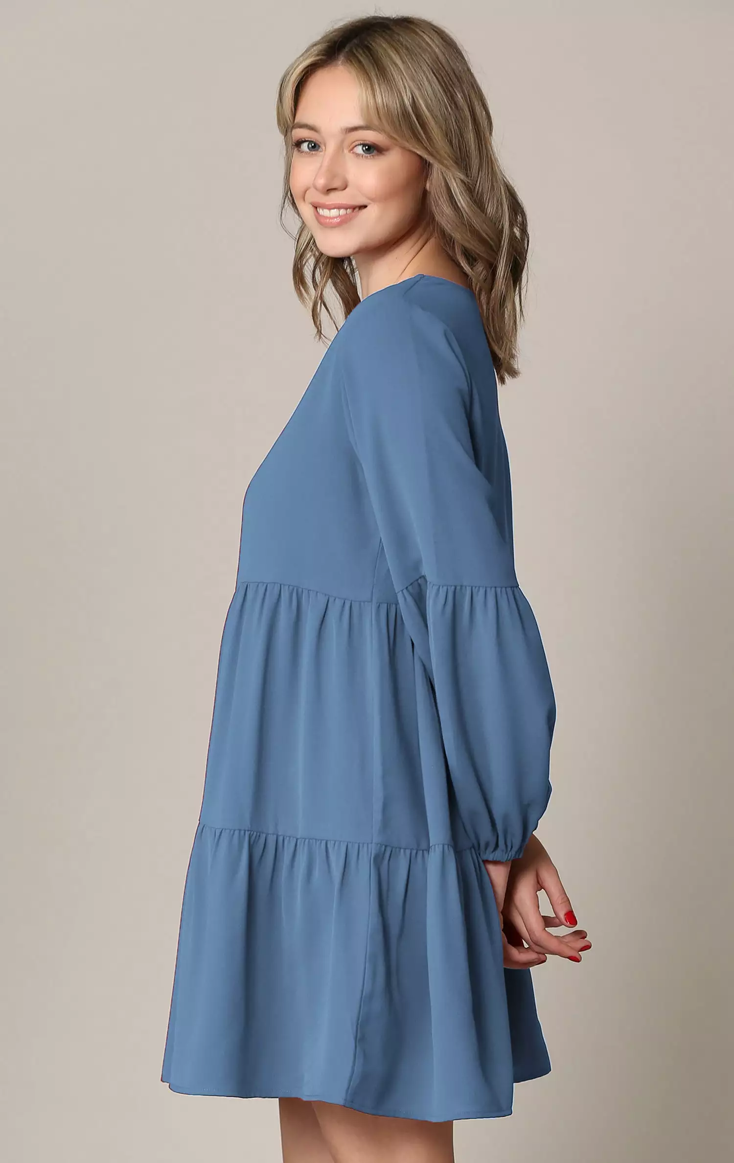 Made By Johnny Casual Flowy Swing Shift Long Sleeve Tiered Dress