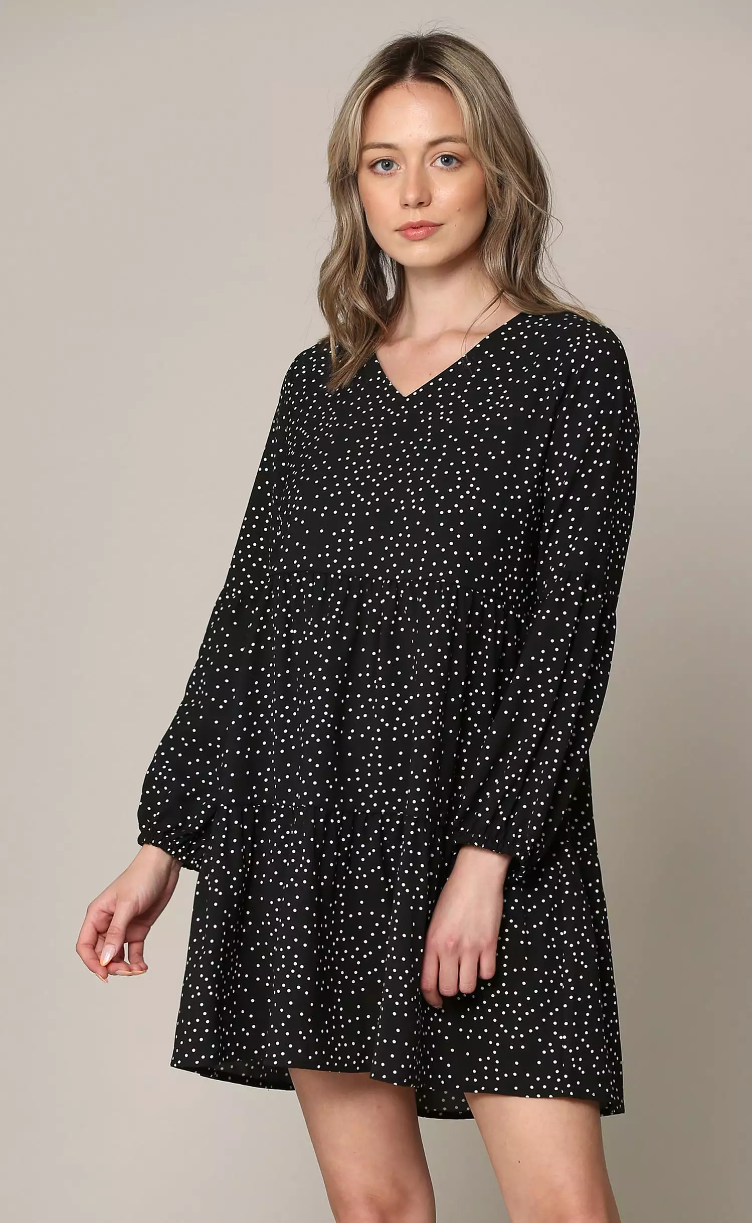 Made By Johnny Casual Flowy Swing Shift Long Sleeve Tiered Dress