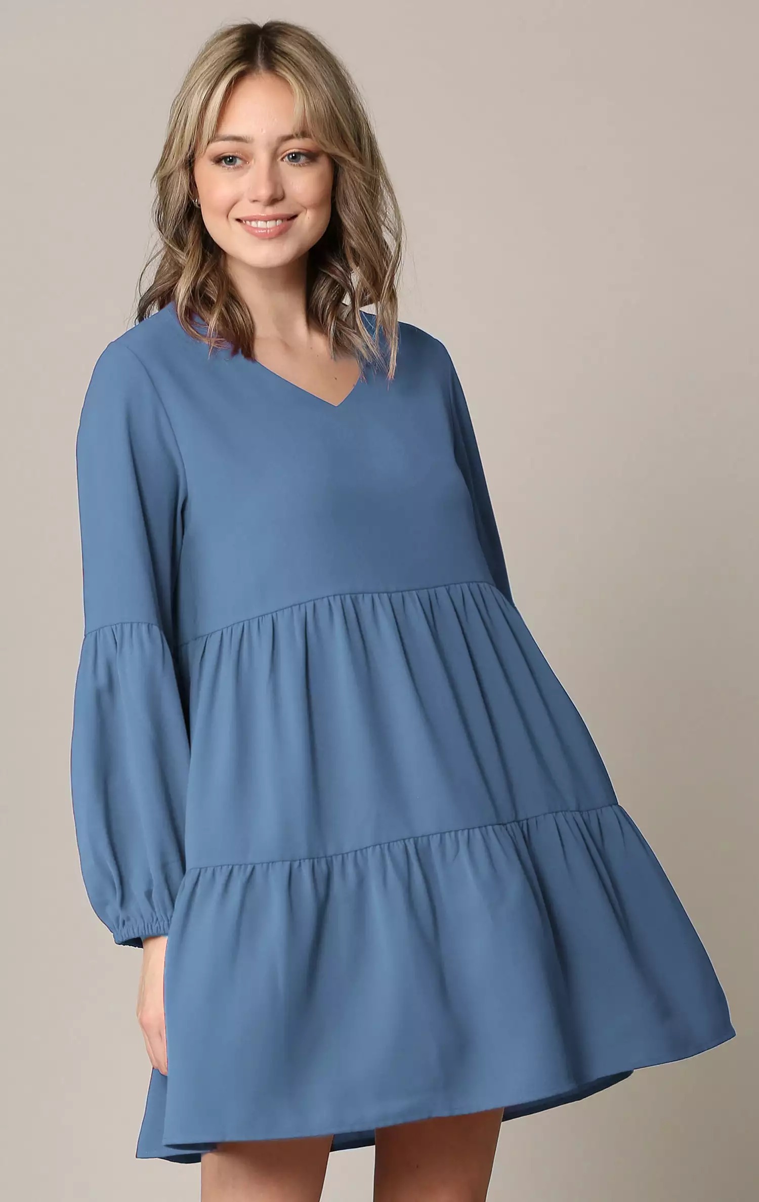 Made By Johnny Casual Flowy Swing Shift Long Sleeve Tiered Dress