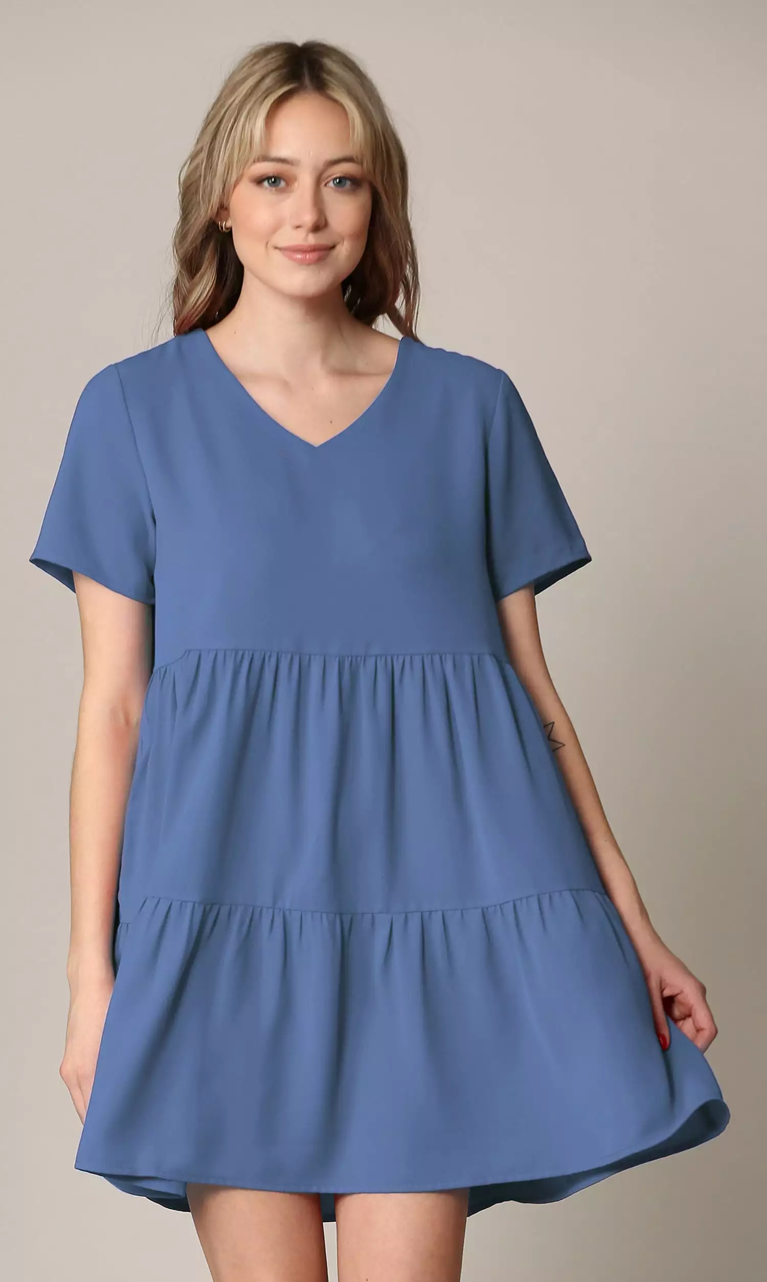 Made By Johnny Casual Flowy Swing Shift Short Sleeve Tiered Dress