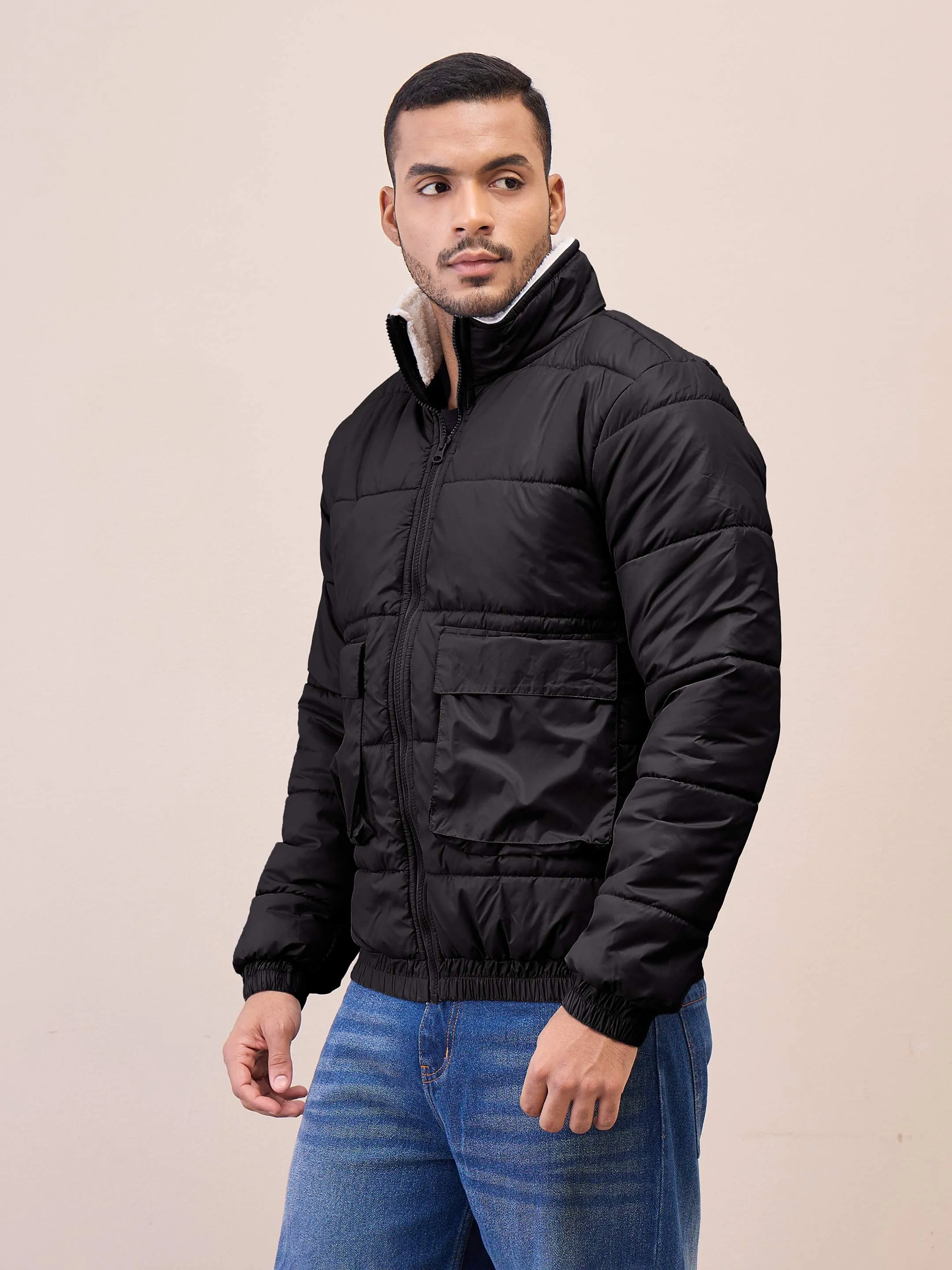 Men Black Fur Collar Puffer Jacket