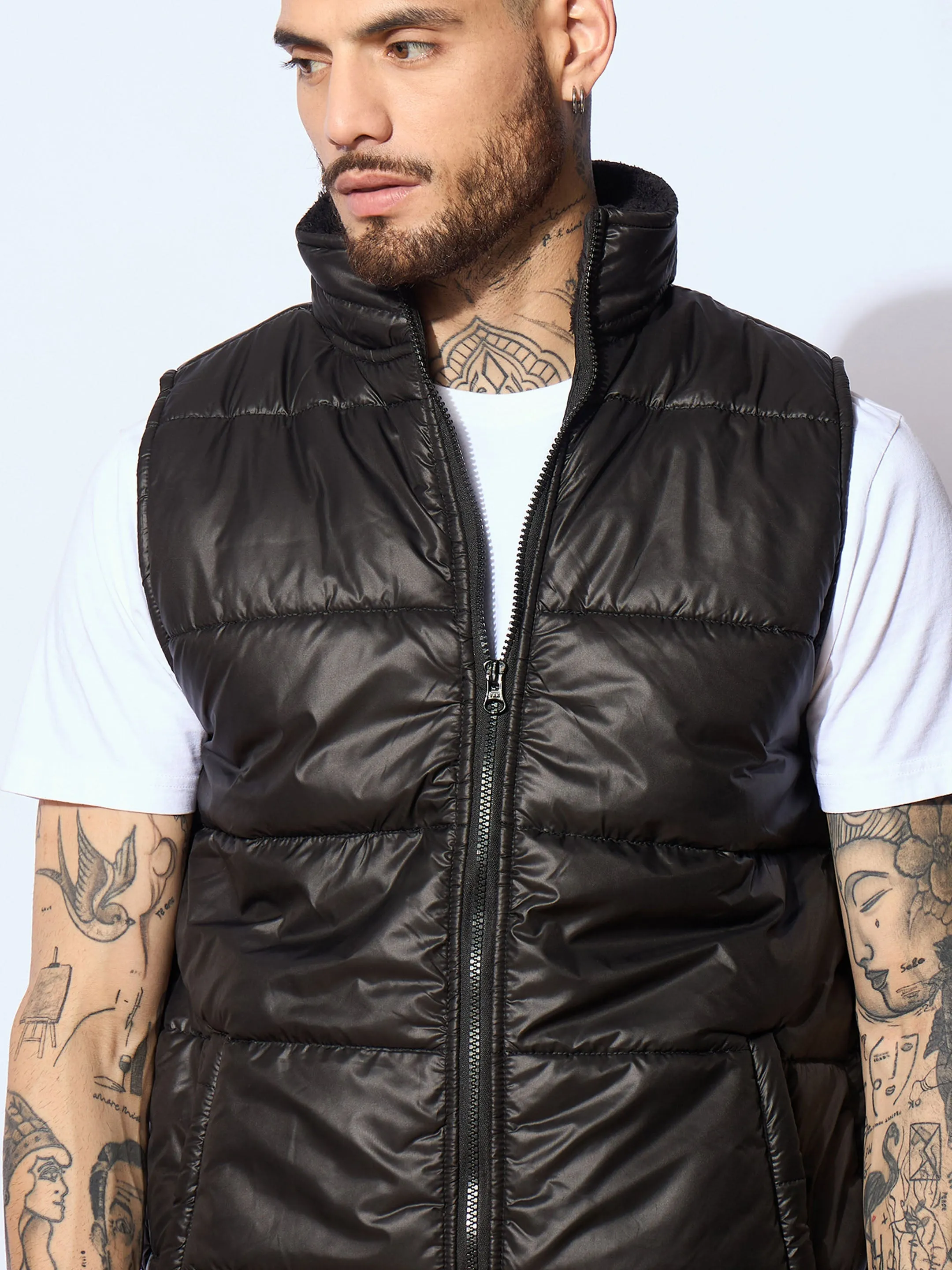 Men Black Fur Collar Puffer Sleeveless Jacket