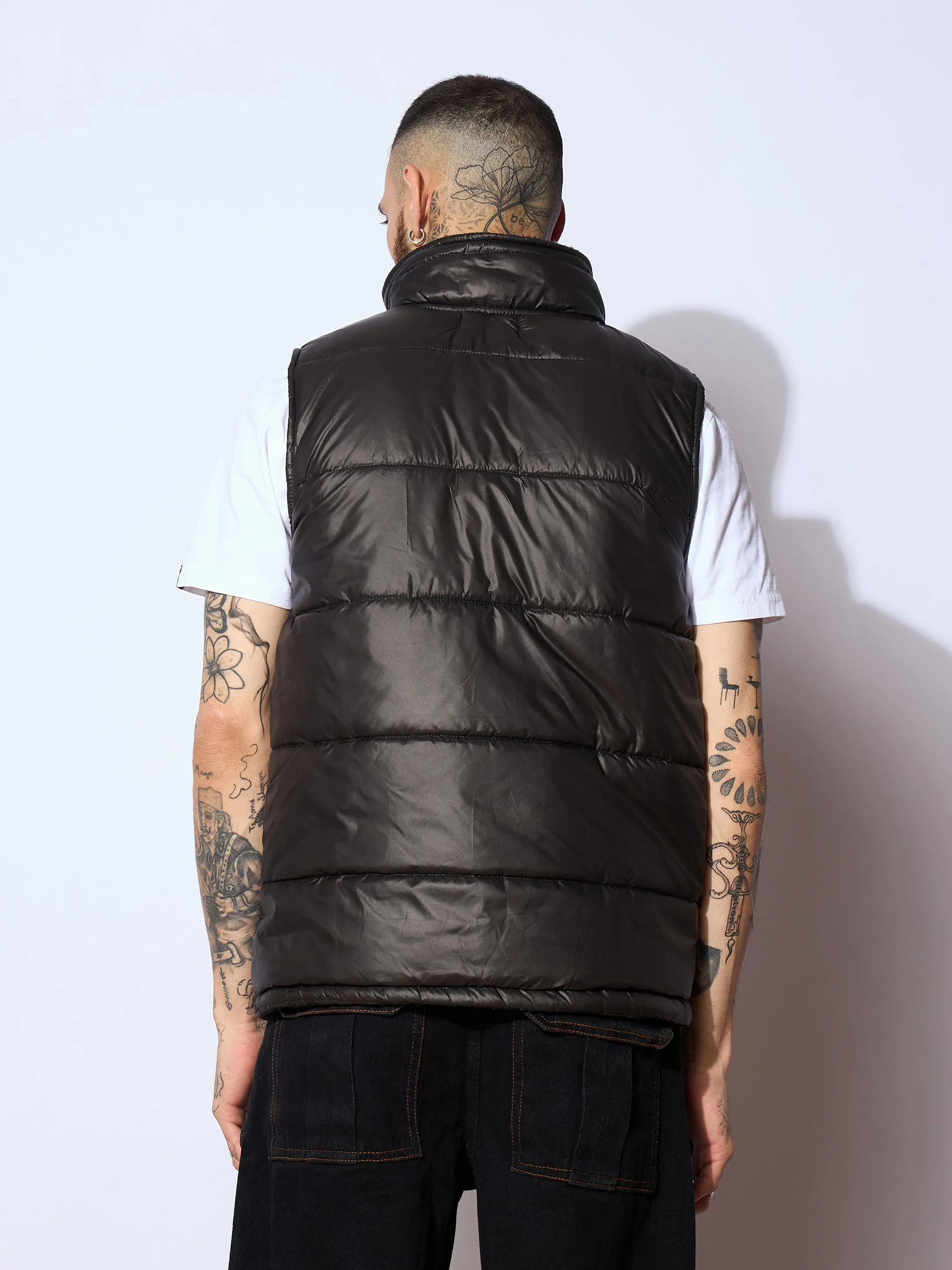 Men Black Fur Collar Puffer Sleeveless Jacket