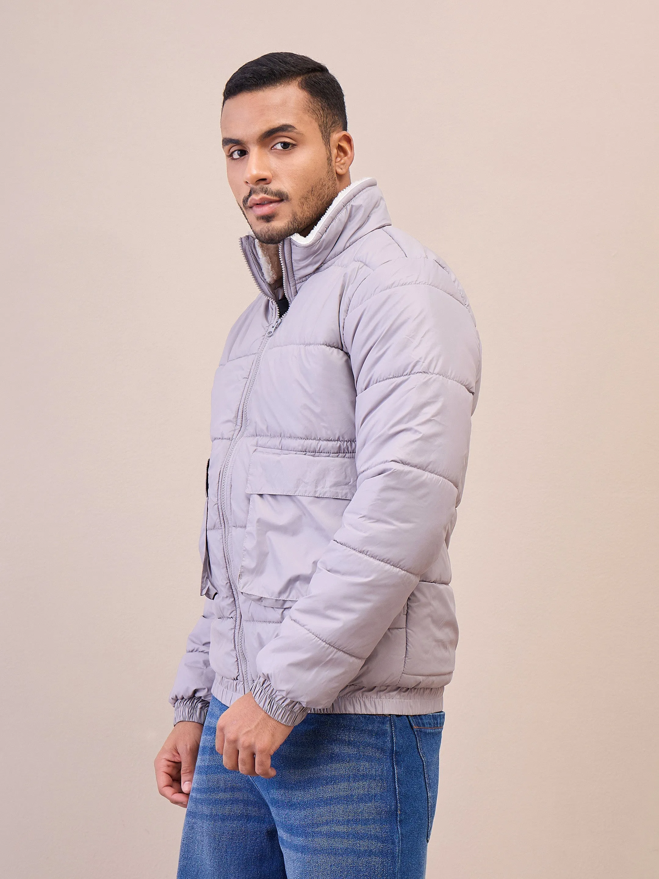 Men Grey Fur Collar Puffer Jacket