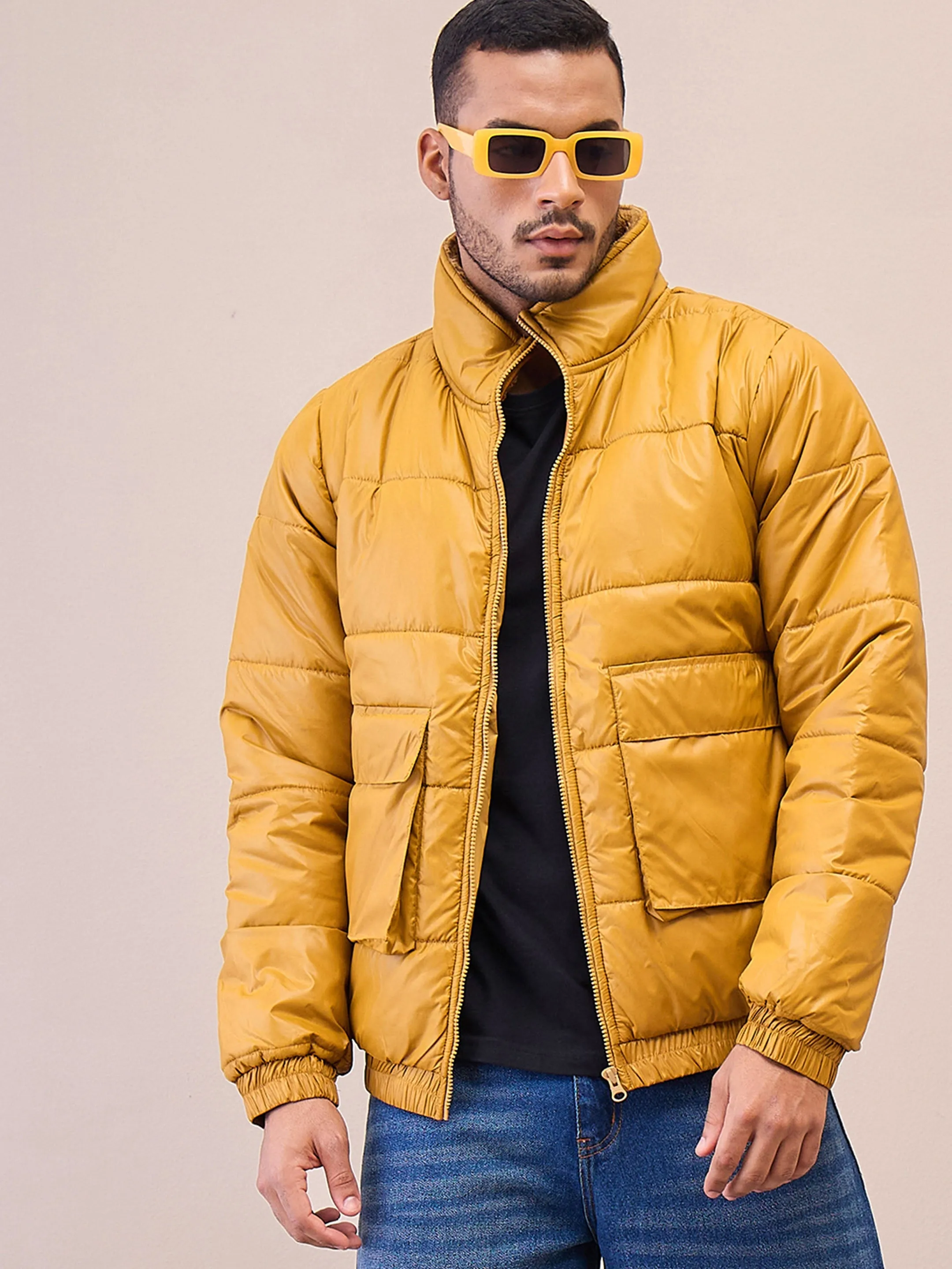 Men Khaki Fur Collar Puffer Jacket