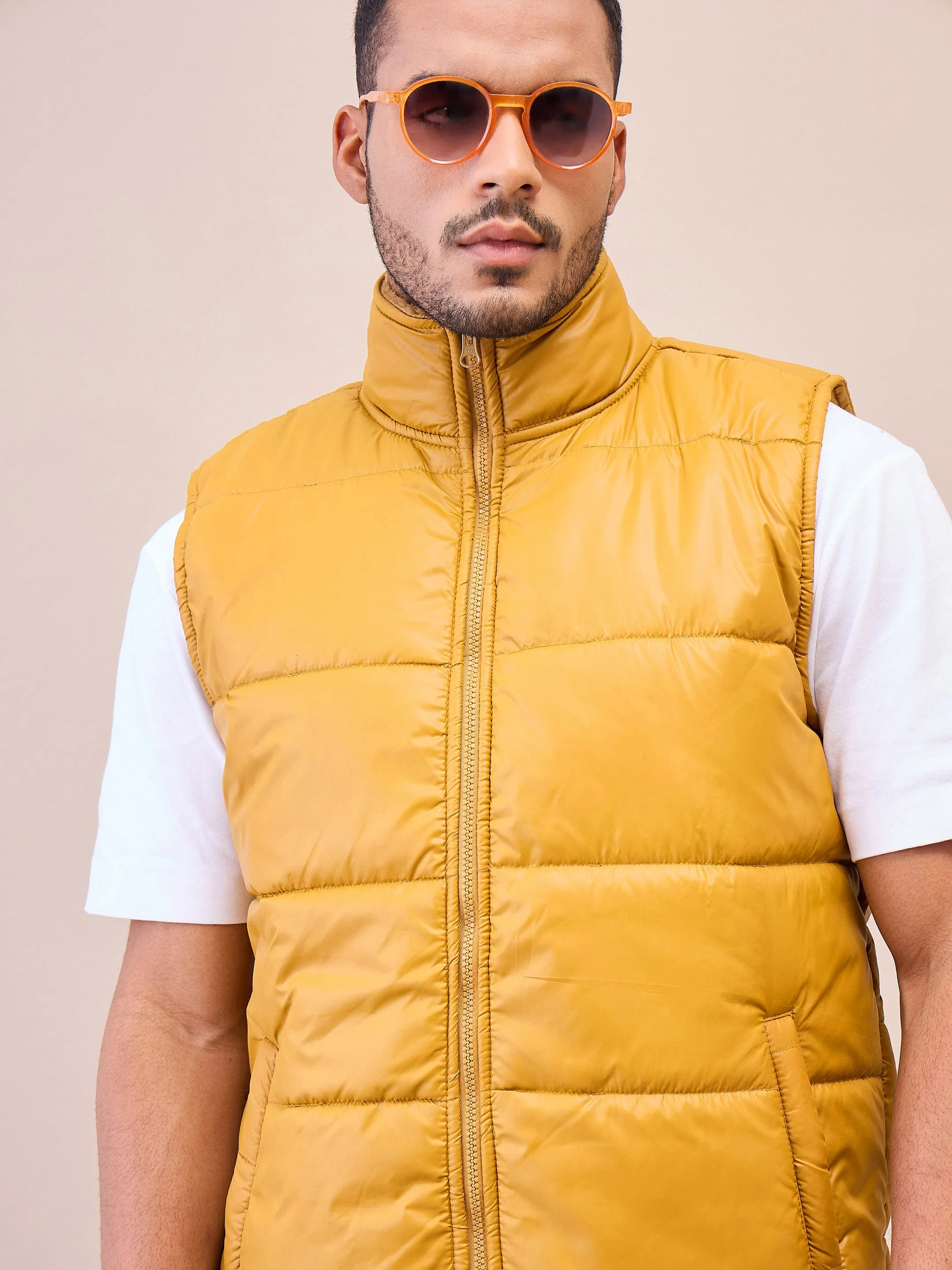 Men Khaki Fur Collar Puffer Sleeveless Jacket