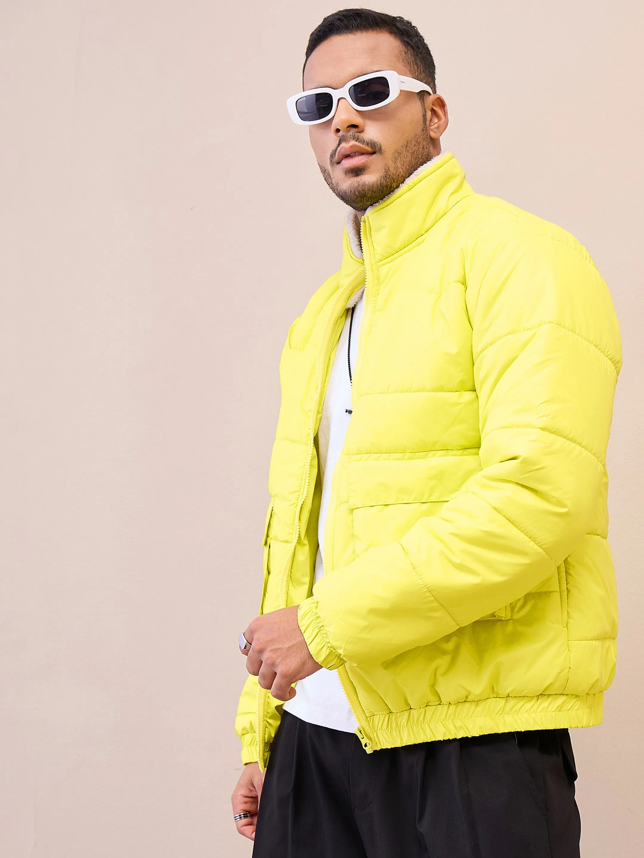 Men Neon Yellow Fur Collar Puffer Jacket