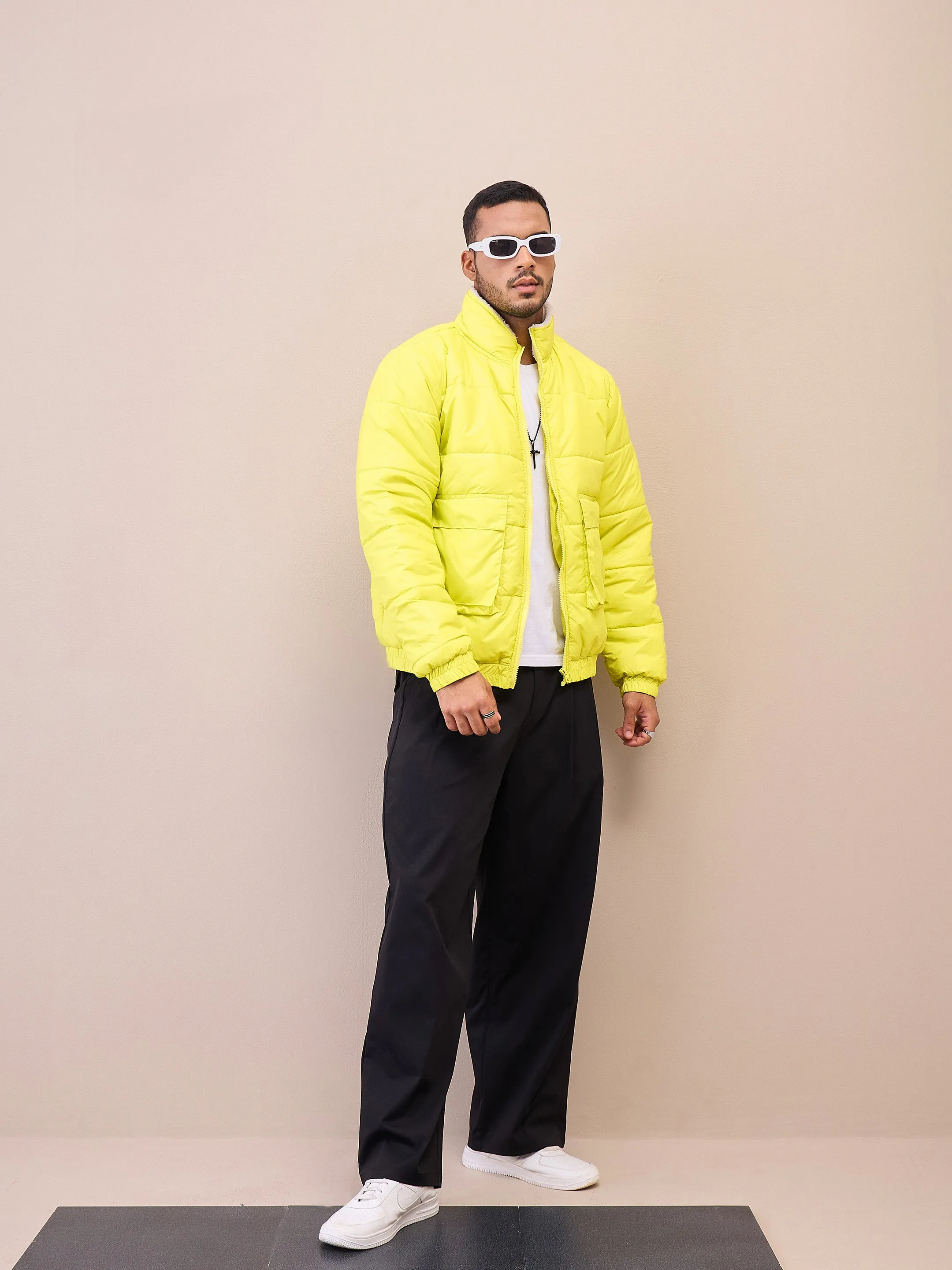 Men Neon Yellow Fur Collar Puffer Jacket