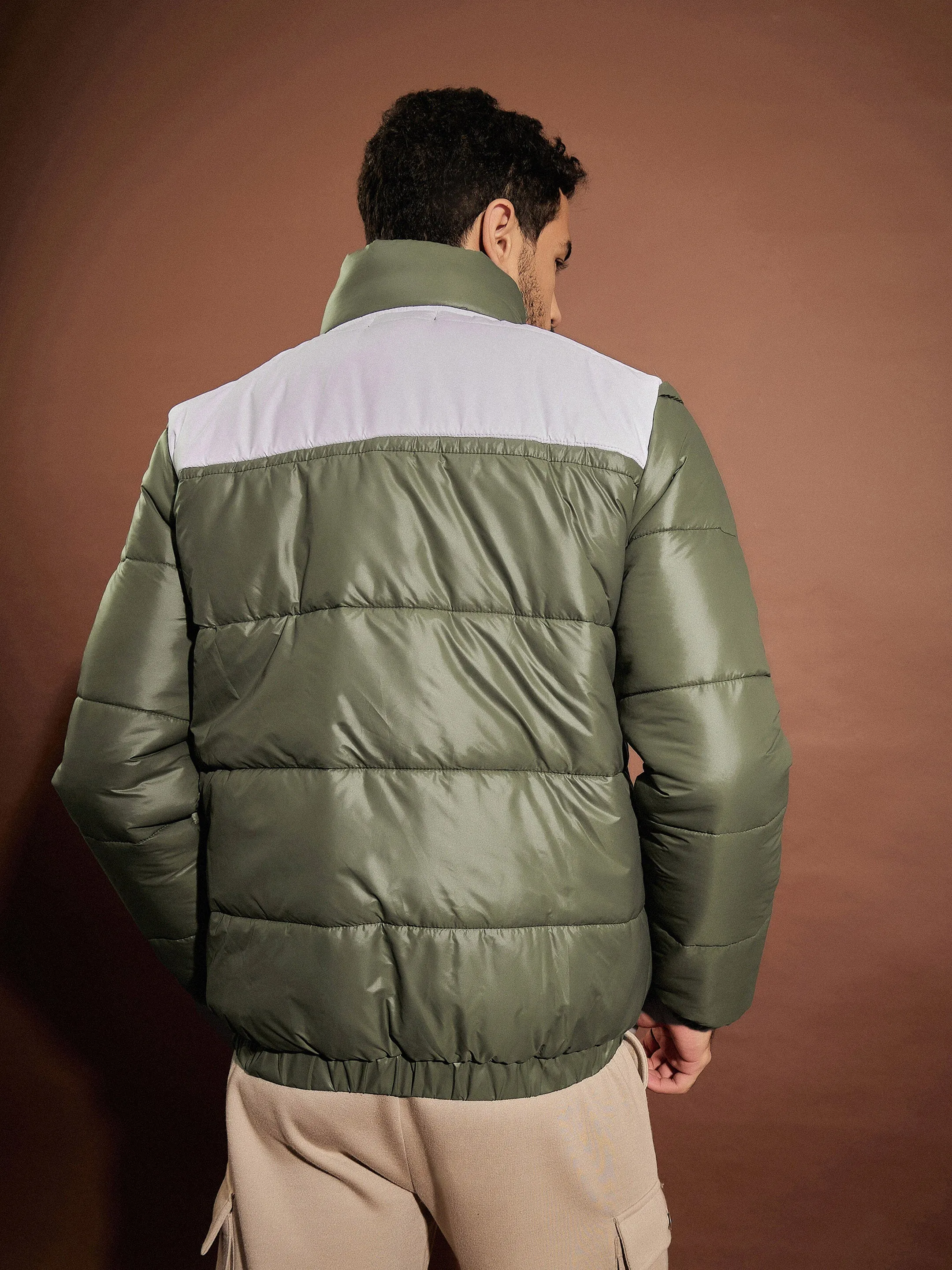 Men Olive & White Puffer ColorBlock Jacket