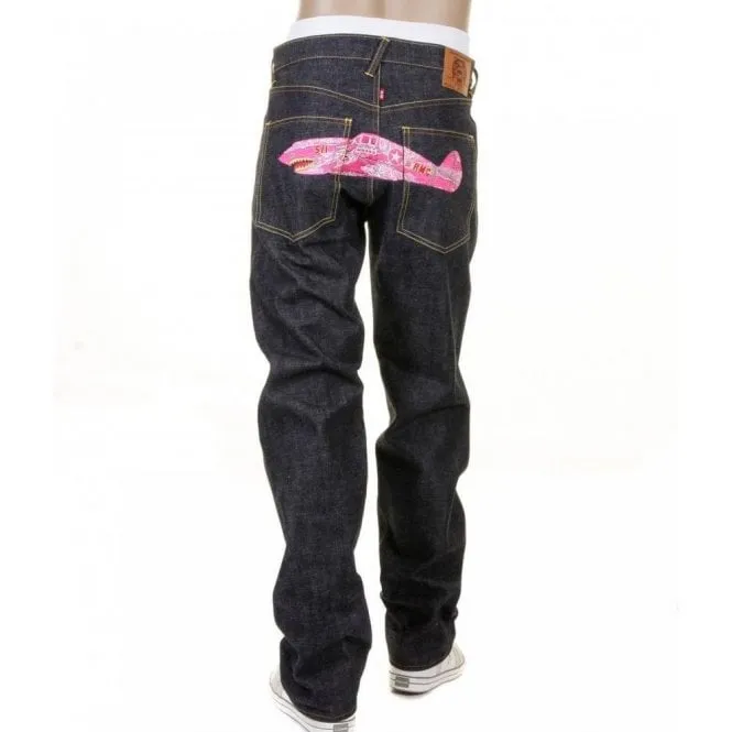 Mens Indigo Slim Fit Raw Denim Jeans with Super Exclusive Pink Camo Plane Design