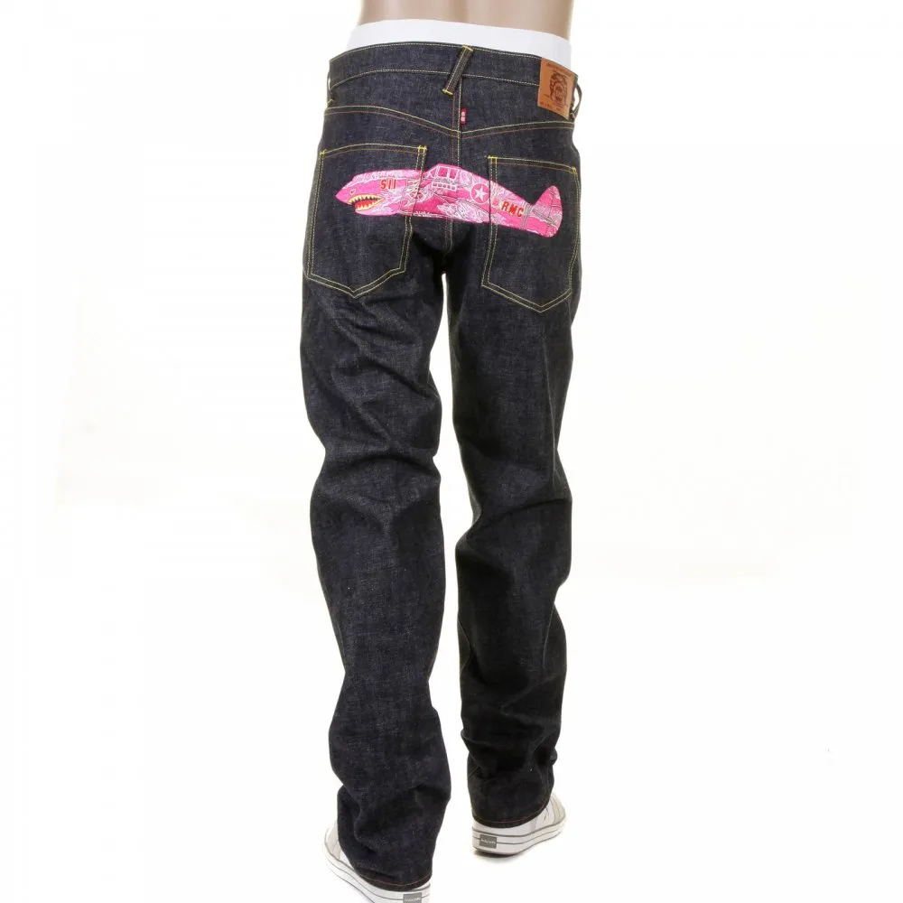 Mens Indigo Slim Fit Raw Denim Jeans with Super Exclusive Pink Camo Plane Design